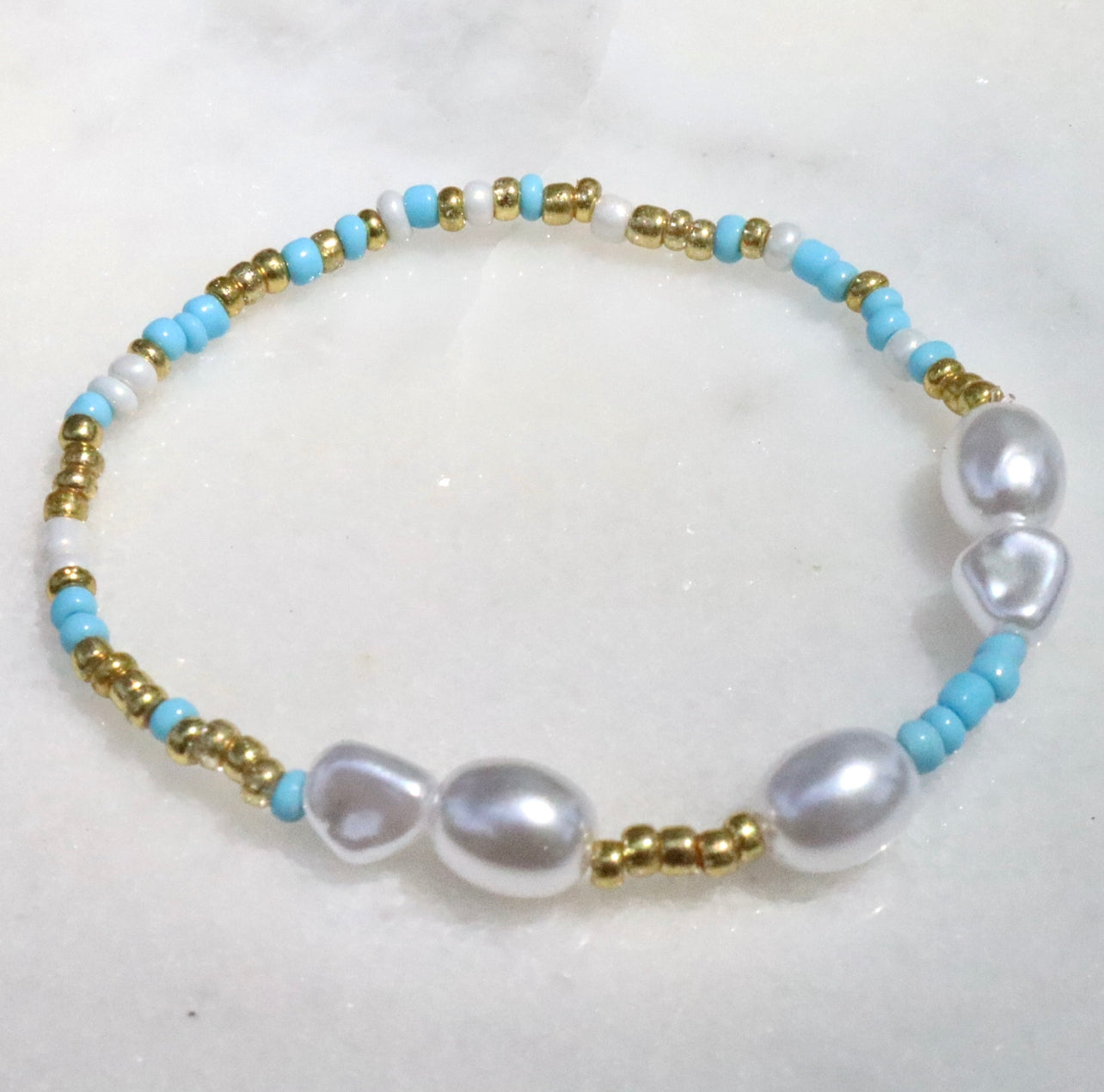 Stackable Blue Seed Bead Pearl Bracelet