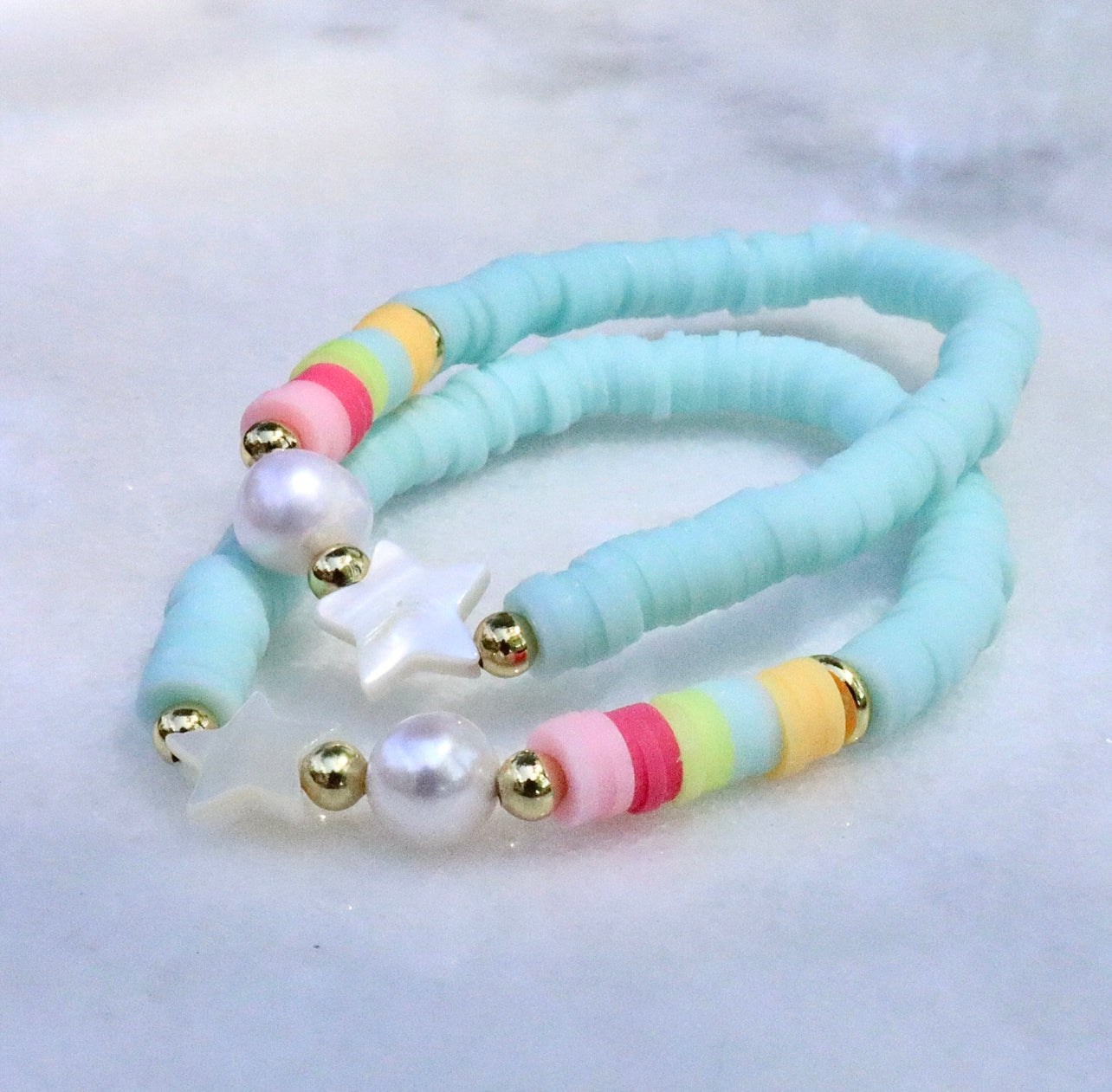 Mother of Pearl Star & Rainbow Colorblock Blue Bracelet