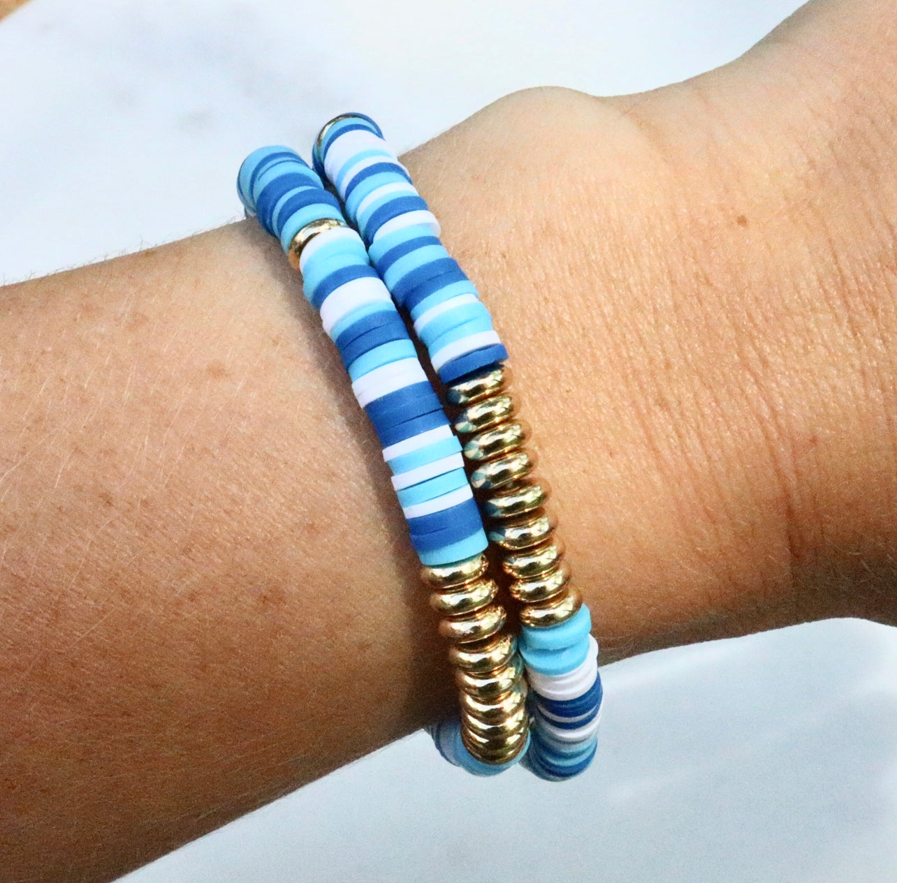 Multi Blue & White Gold Clay Bracelet