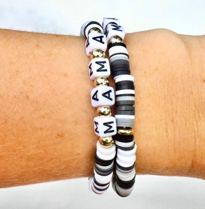 Mama Black, White, Grey & Gold Clay Word Bracelet