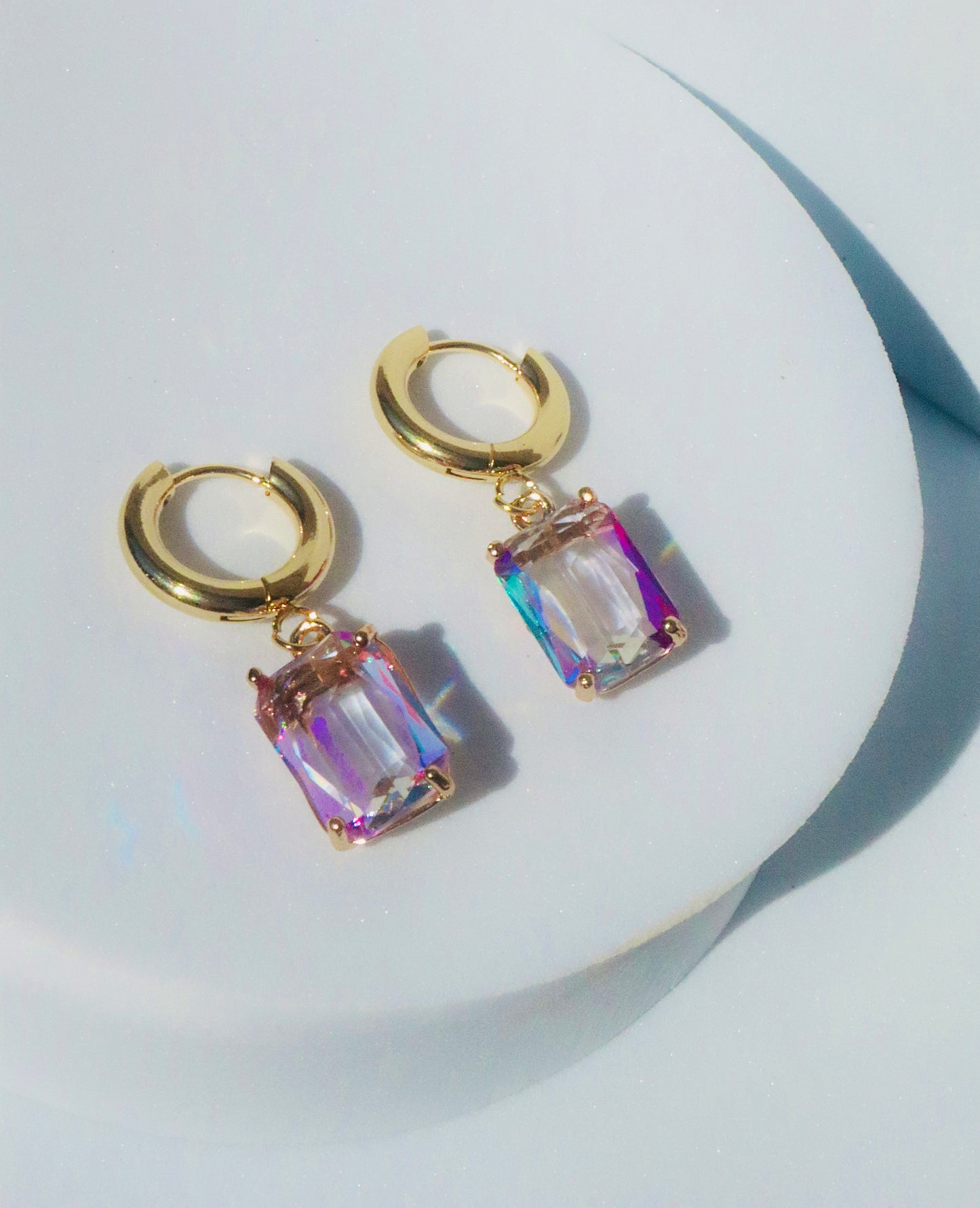 Fluorescent Purple Emerald Cut Gem Hoop Earrings