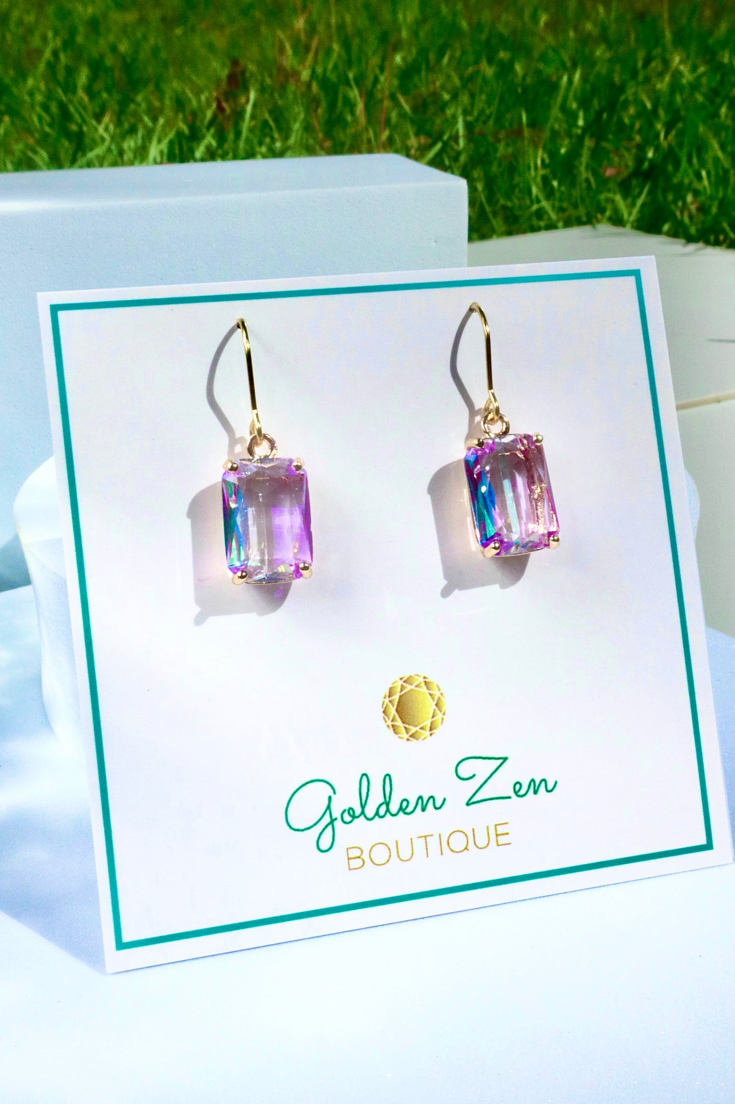 Fluorescent Purple Emerald Cut Gem Earrings