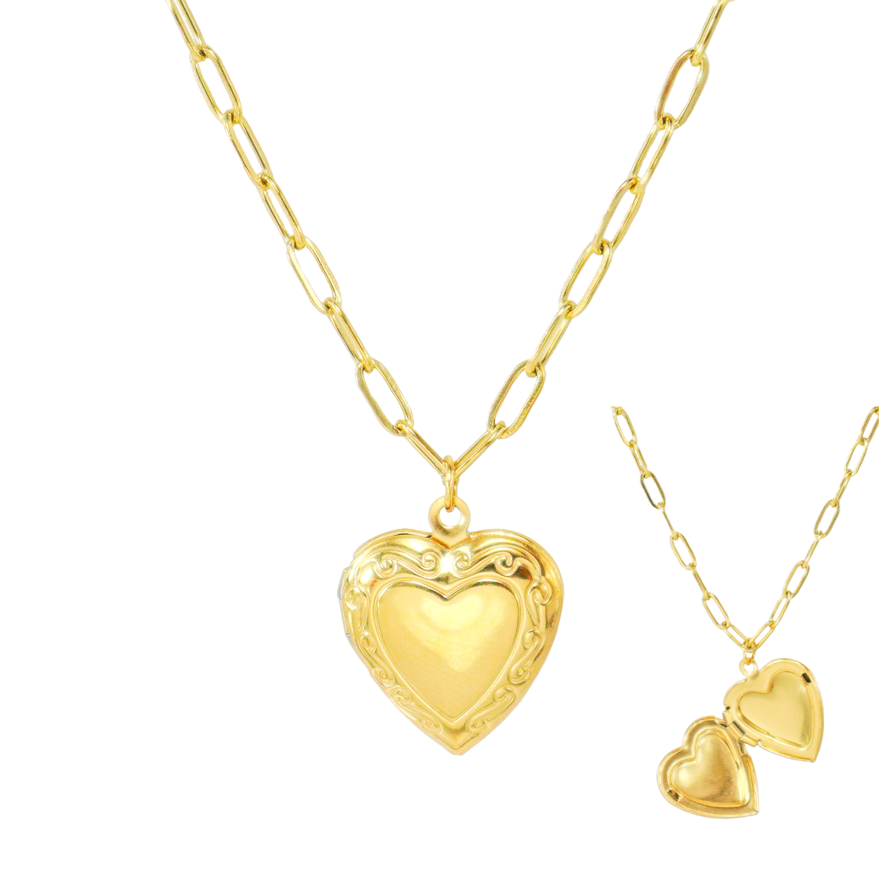 Gold Heart Locket & Staple Chain Necklace