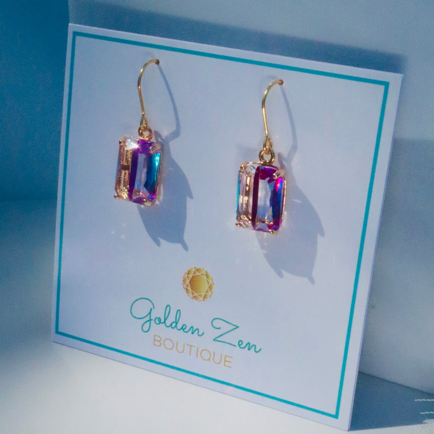 Fluorescent Purple Emerald Cut Gem Earrings