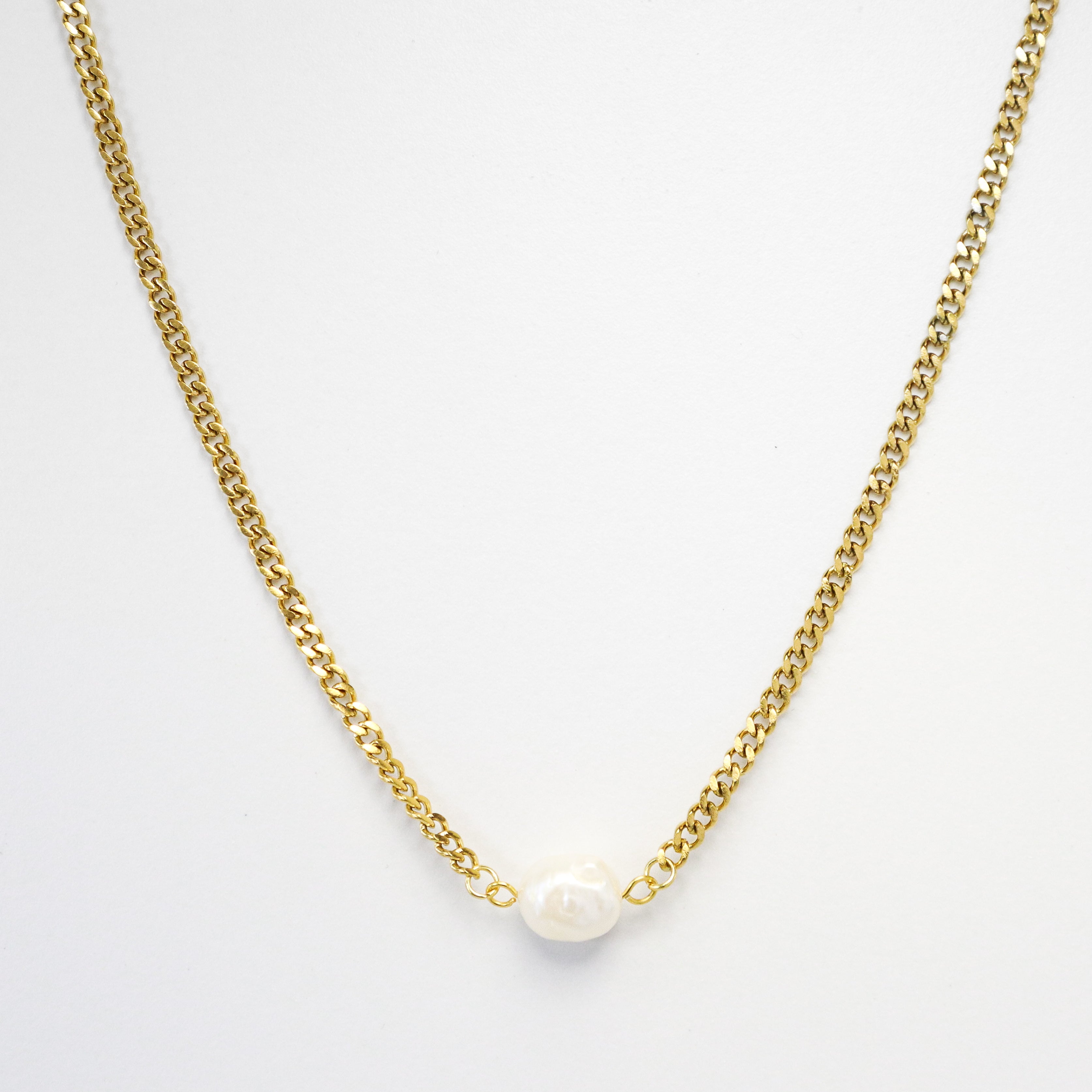 Gold Cuban Link Fresh Water Pearl Necklace