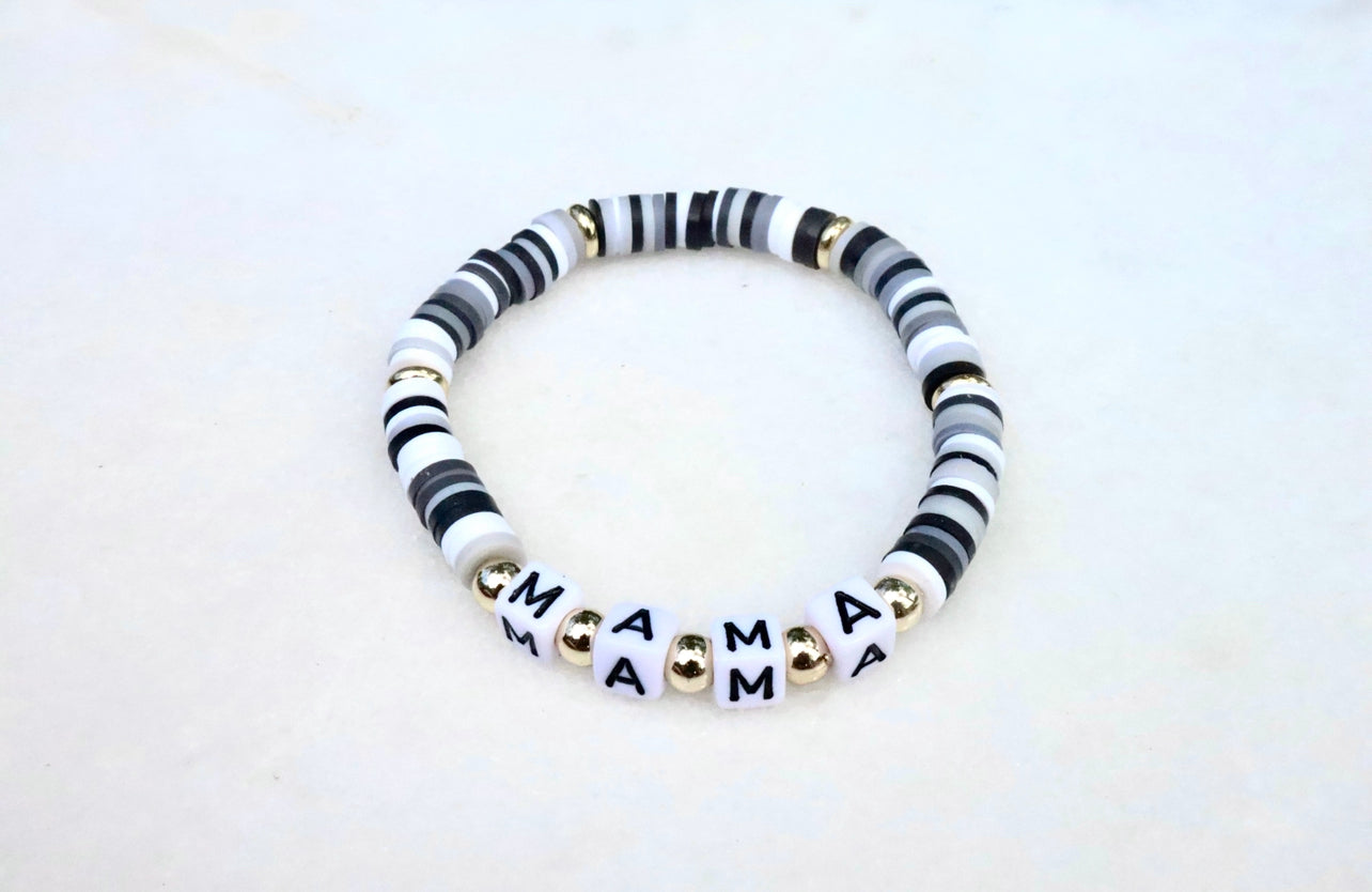 Mama Black, White, Grey & Gold Clay Word Bracelet