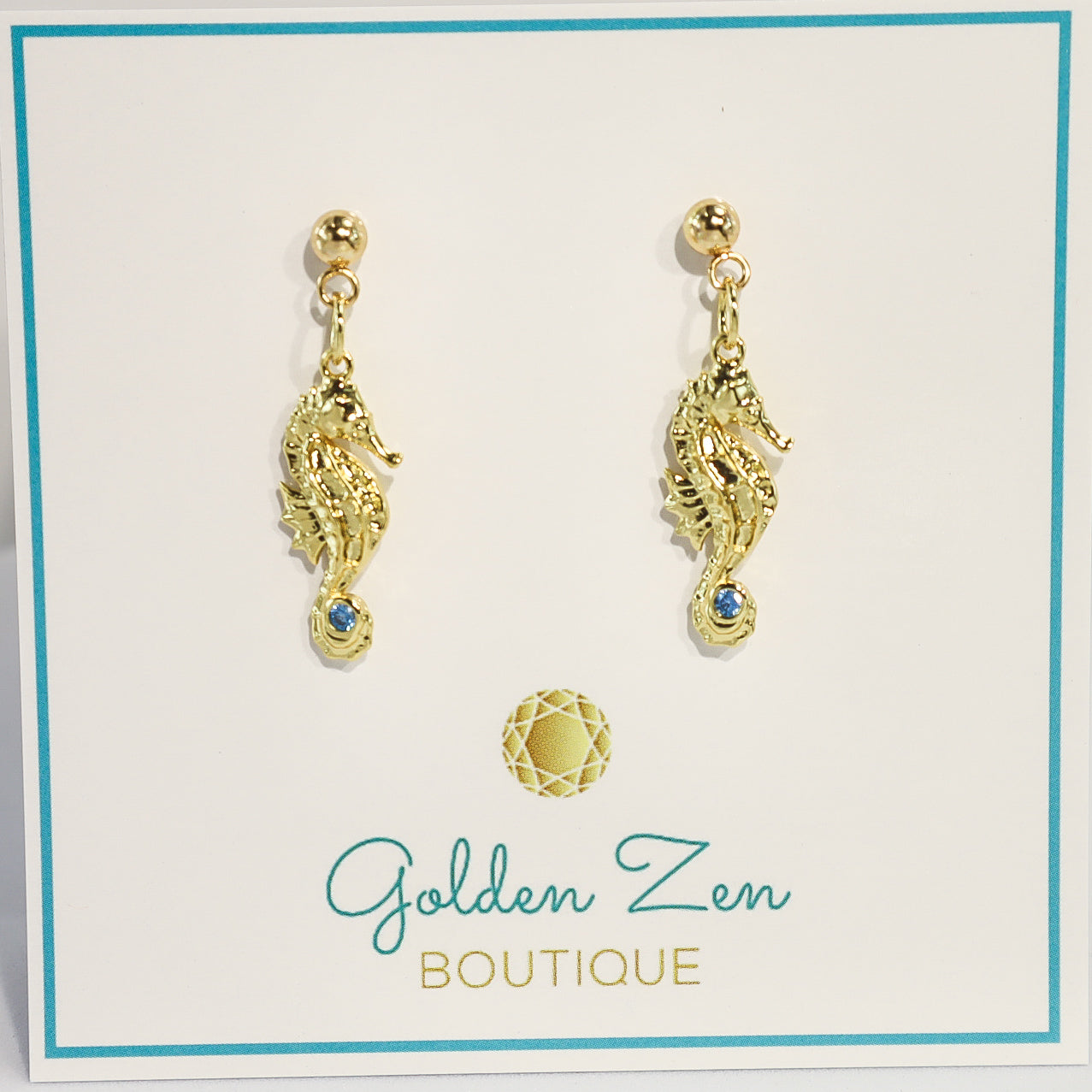 Tiny Gold Seahorse Blue Crystal Post Earrings