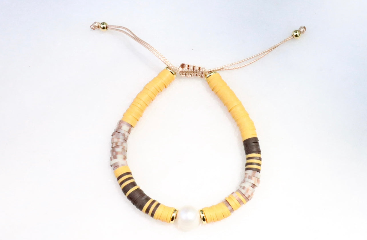 Fall Tone Clay & Pearl Adjustable Bracelet