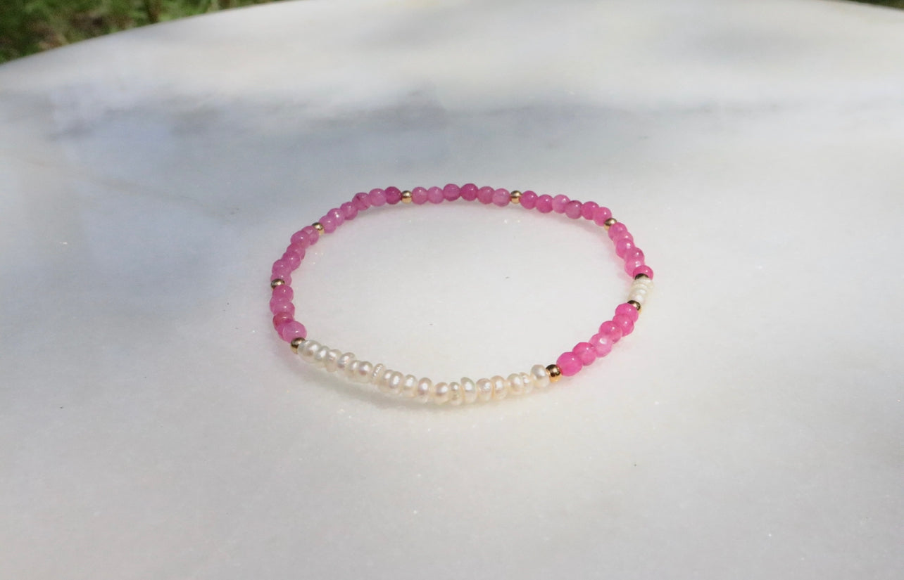 Genuine Pink Rhodochrosite & Fresh Water Pearl Dainty Bracelet