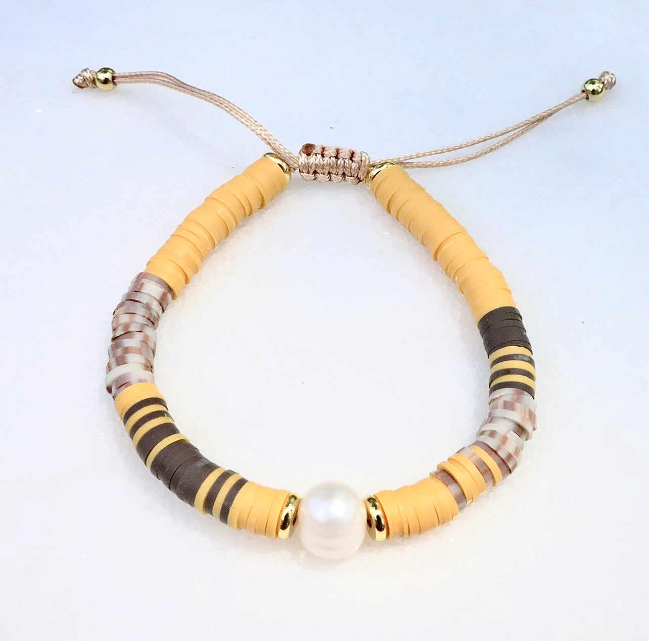 Fall Tone Clay & Pearl Adjustable Bracelet