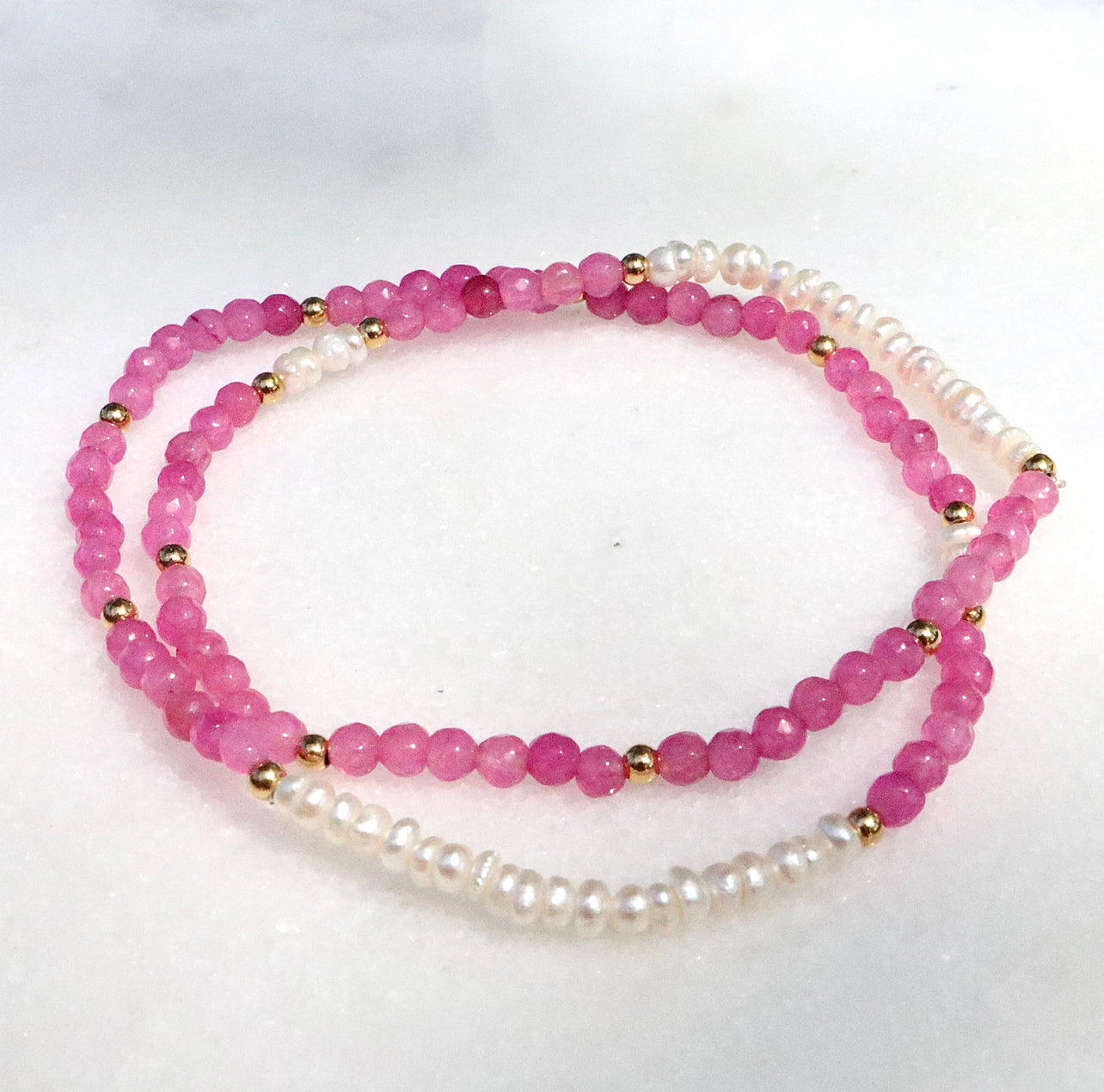 Genuine Pink Rhodochrosite & Fresh Water Pearl Dainty Bracelet