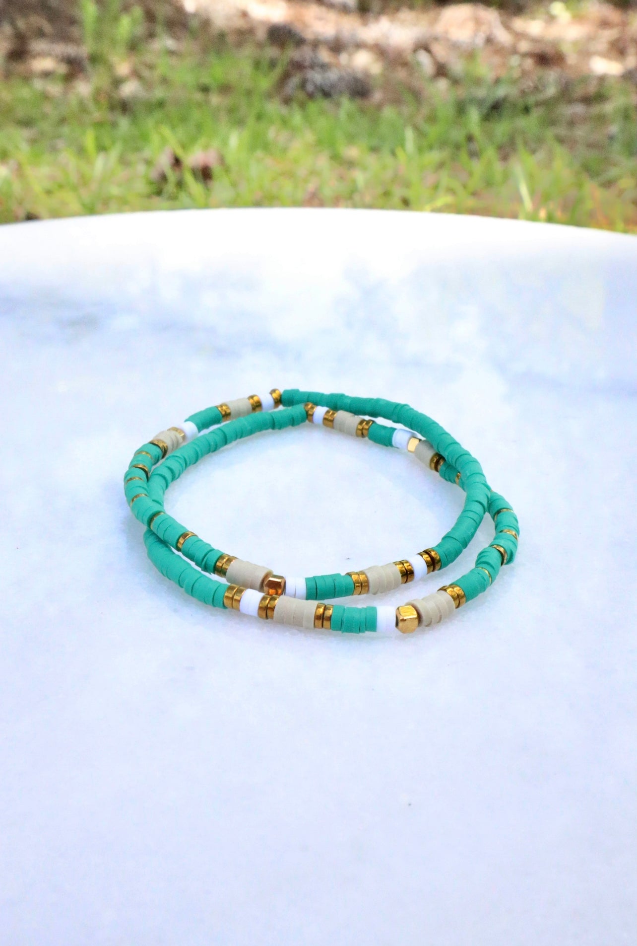 Teal, Gold & Tan Skinny Clay Bracelet