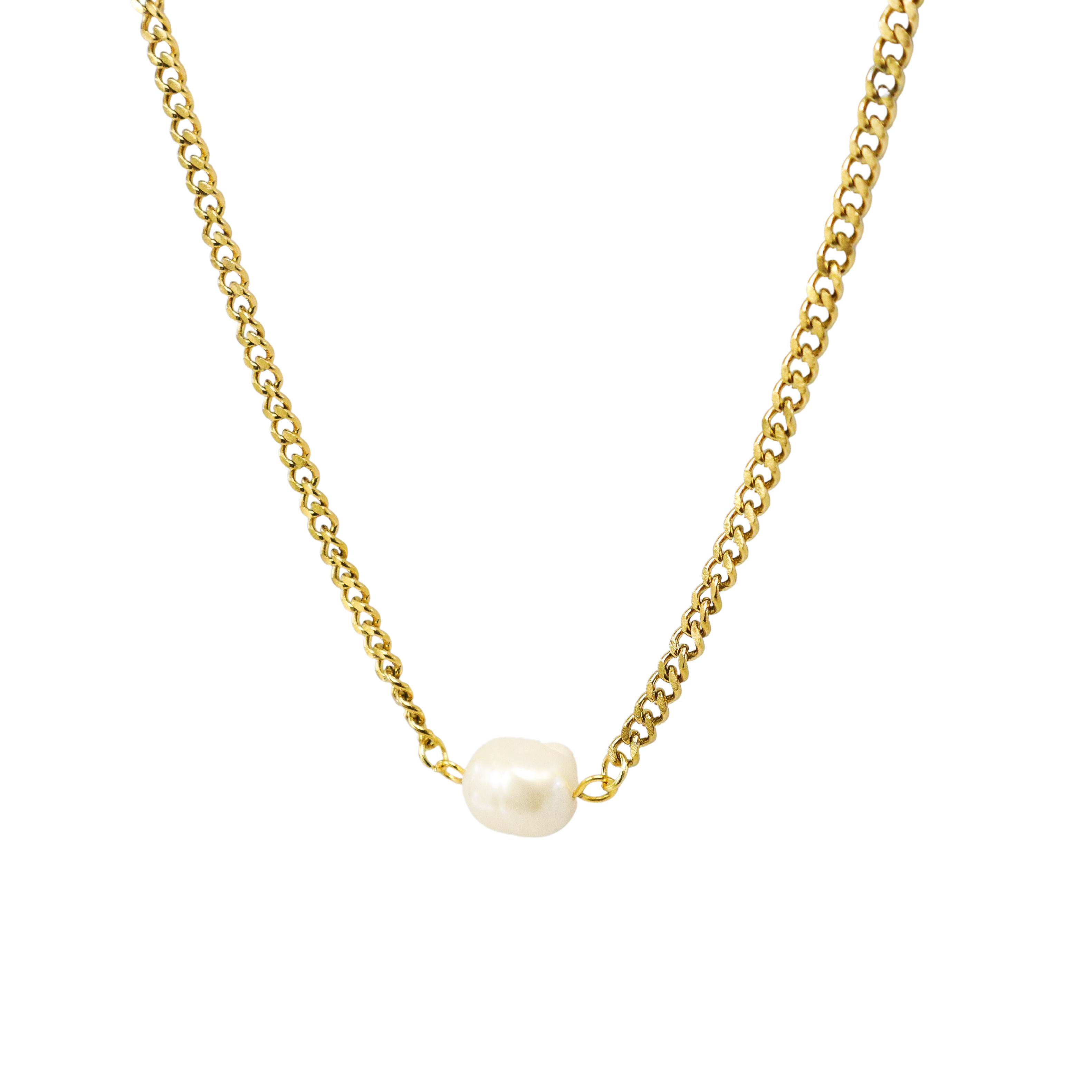 Gold Cuban Link Fresh Water Pearl Necklace