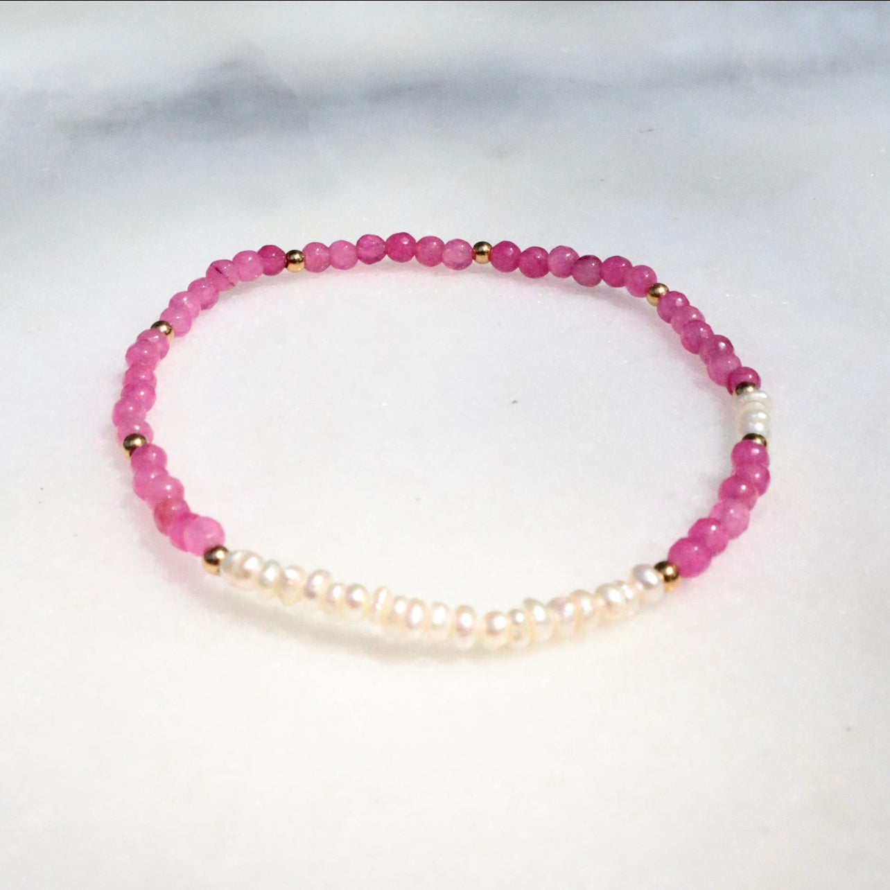 Genuine Pink Rhodochrosite & Fresh Water Pearl Dainty Bracelet