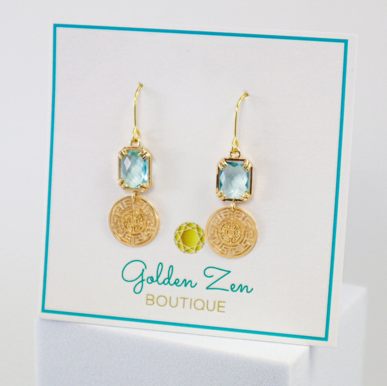 Golden Zen Exclusive Greek Key Aqua Blue Crystal Earrings