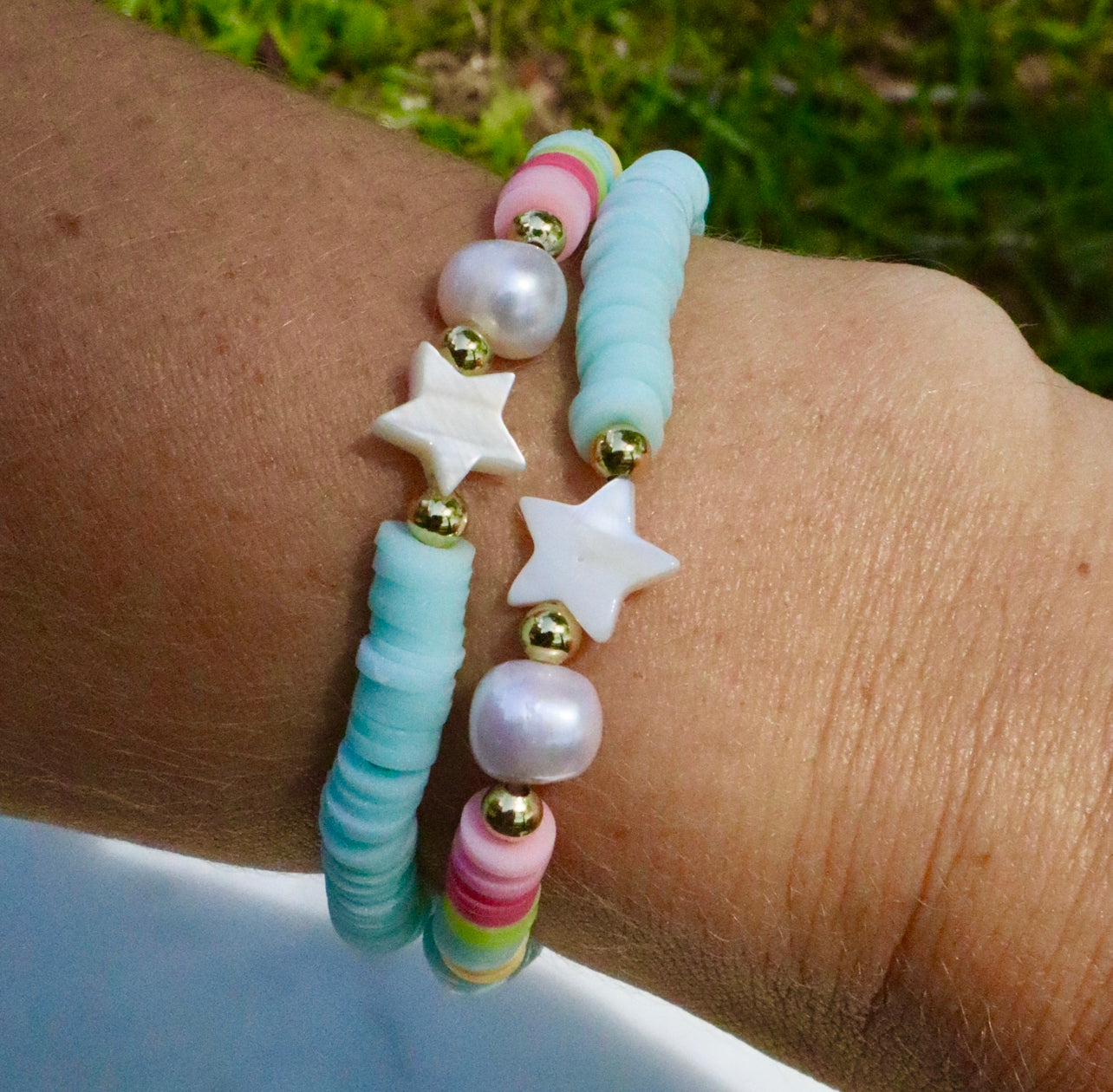 Mother of Pearl Star & Rainbow Colorblock Blue Bracelet