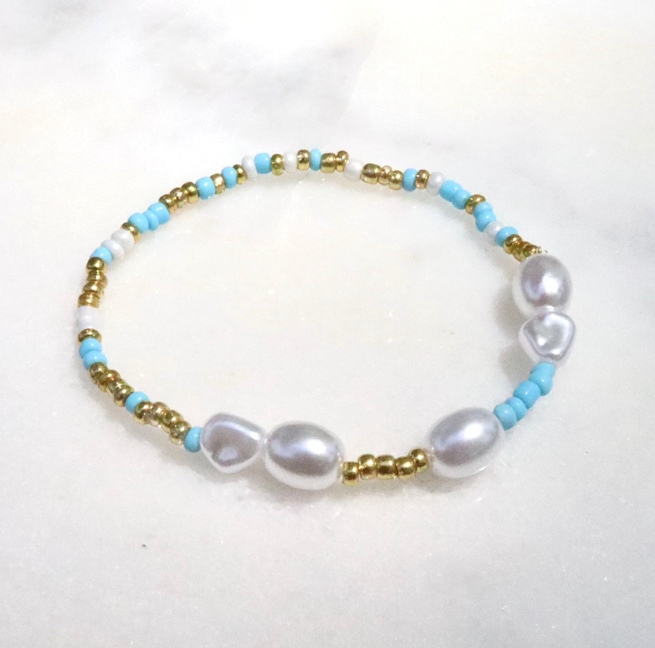 Stackable Blue Seed Bead Pearl Bracelet