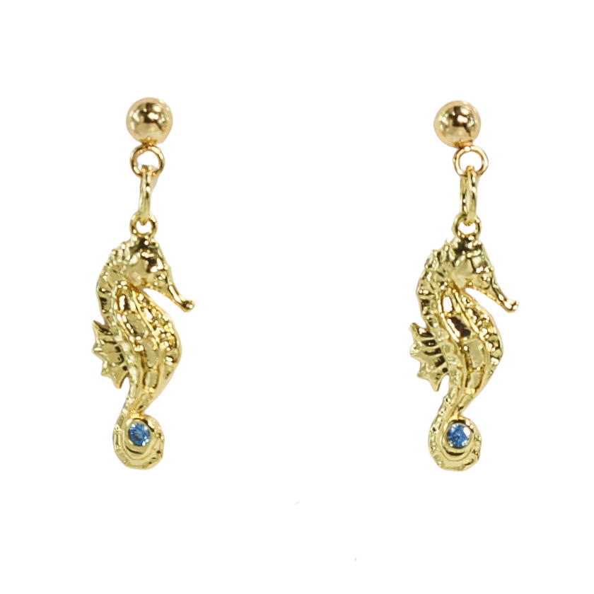 Tiny Gold Seahorse Blue Crystal Post Earrings