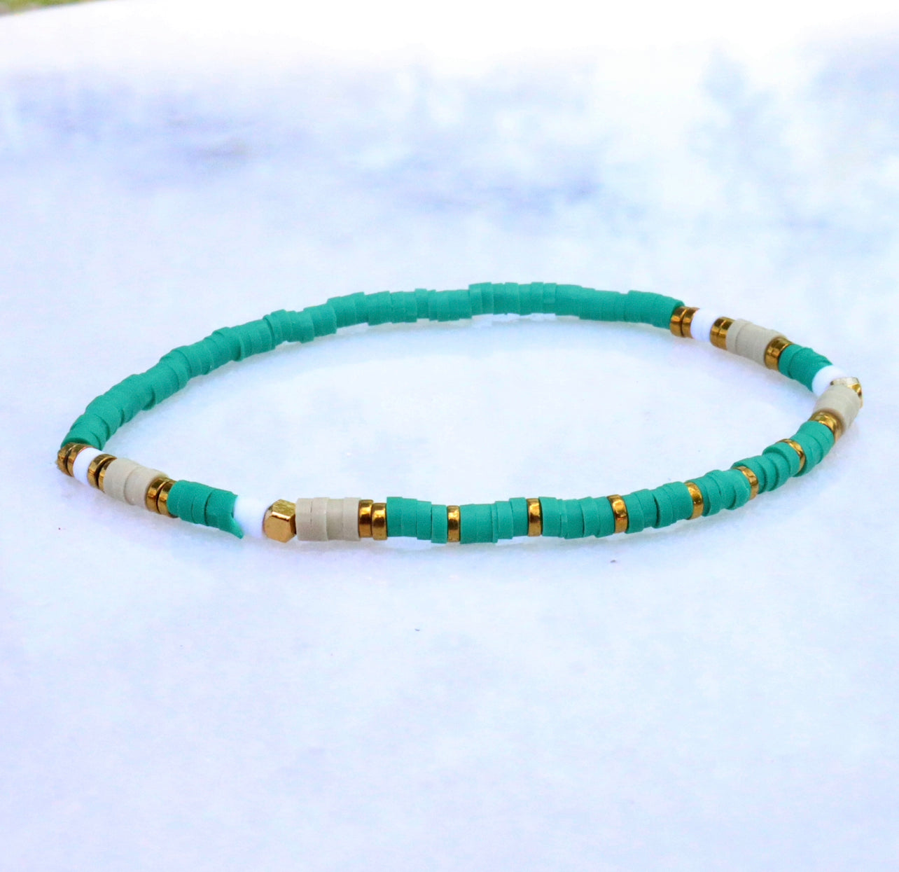 Teal, Gold & Tan Skinny Clay Bracelet