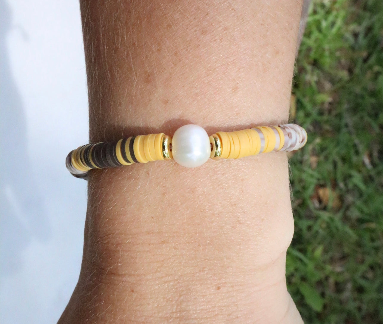 Fall Tone Clay & Pearl Adjustable Bracelet