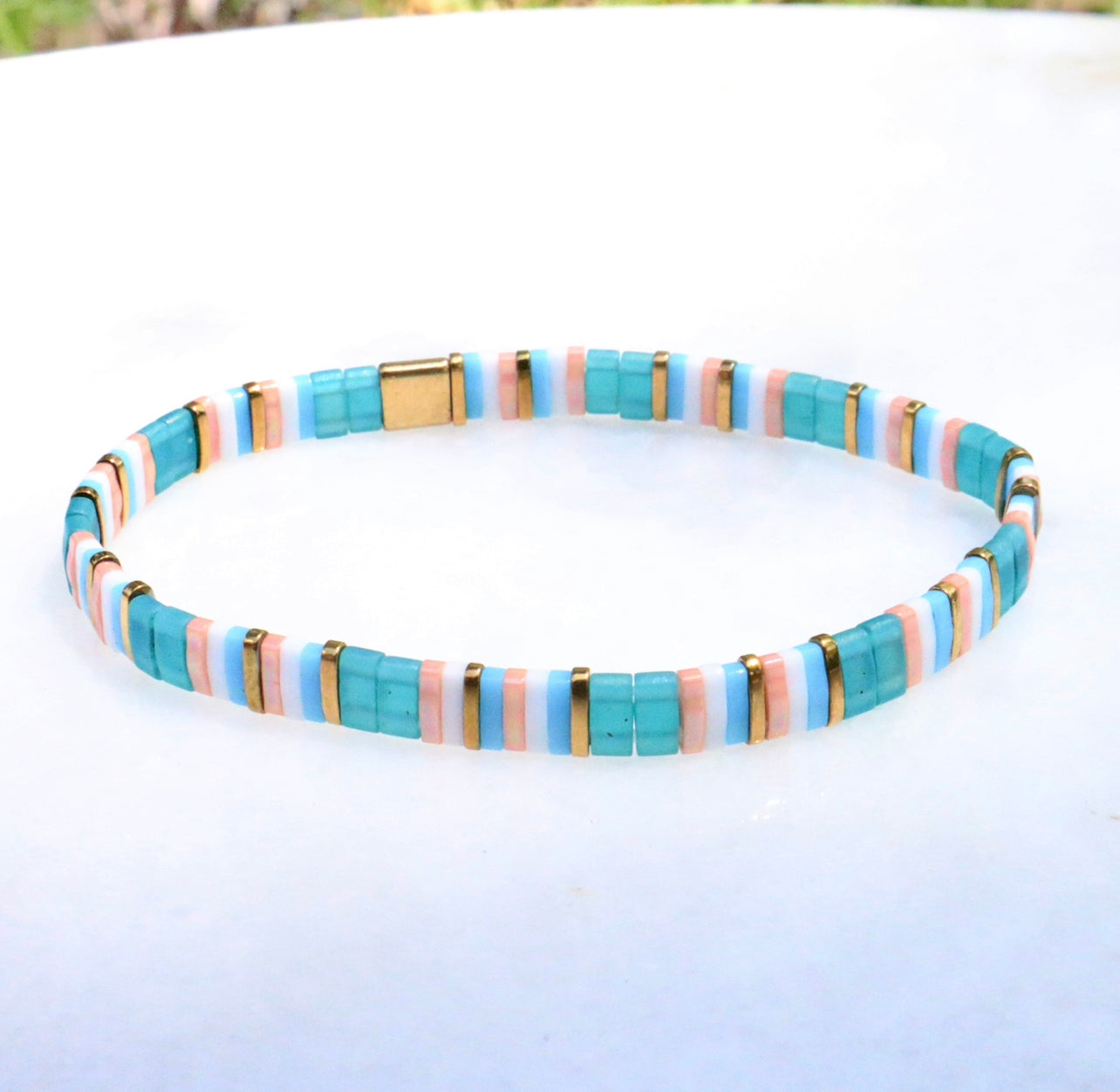 Turquoise, Pink & Gold Flat Bracelet