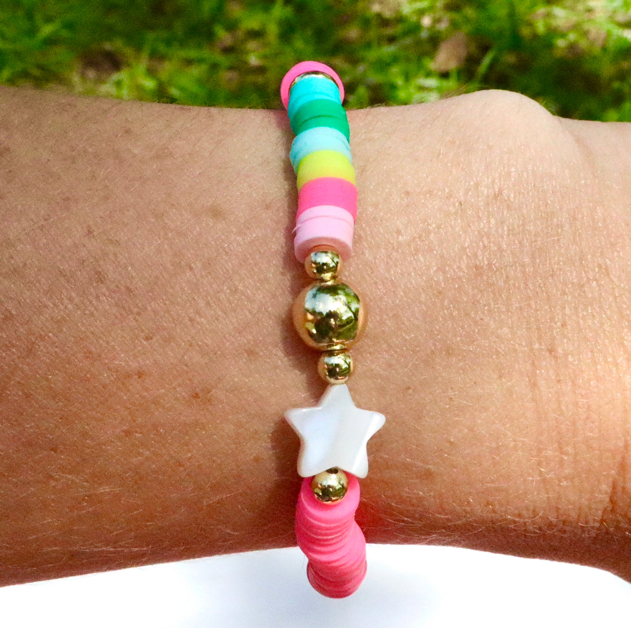 Mother of Pearl Pink & Rainbow Colorblock Bracelet