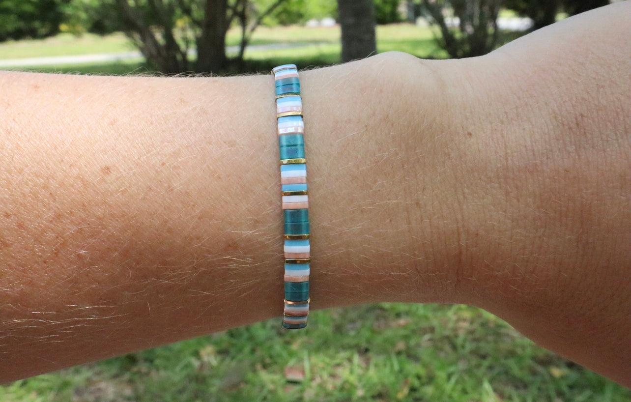 Turquoise, Pink & Gold Flat Bracelet