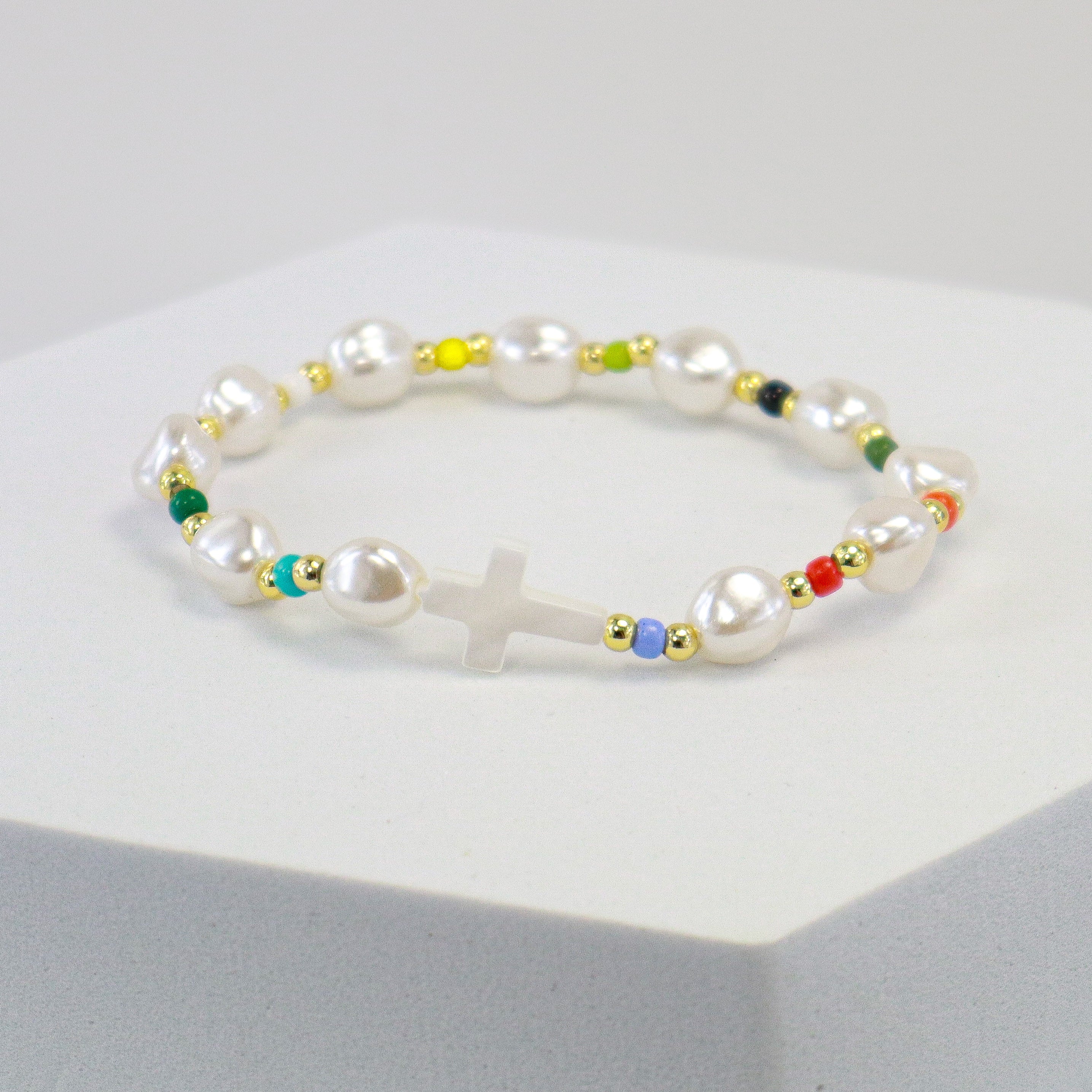 Multicolor Cross Pearl Bracelet
