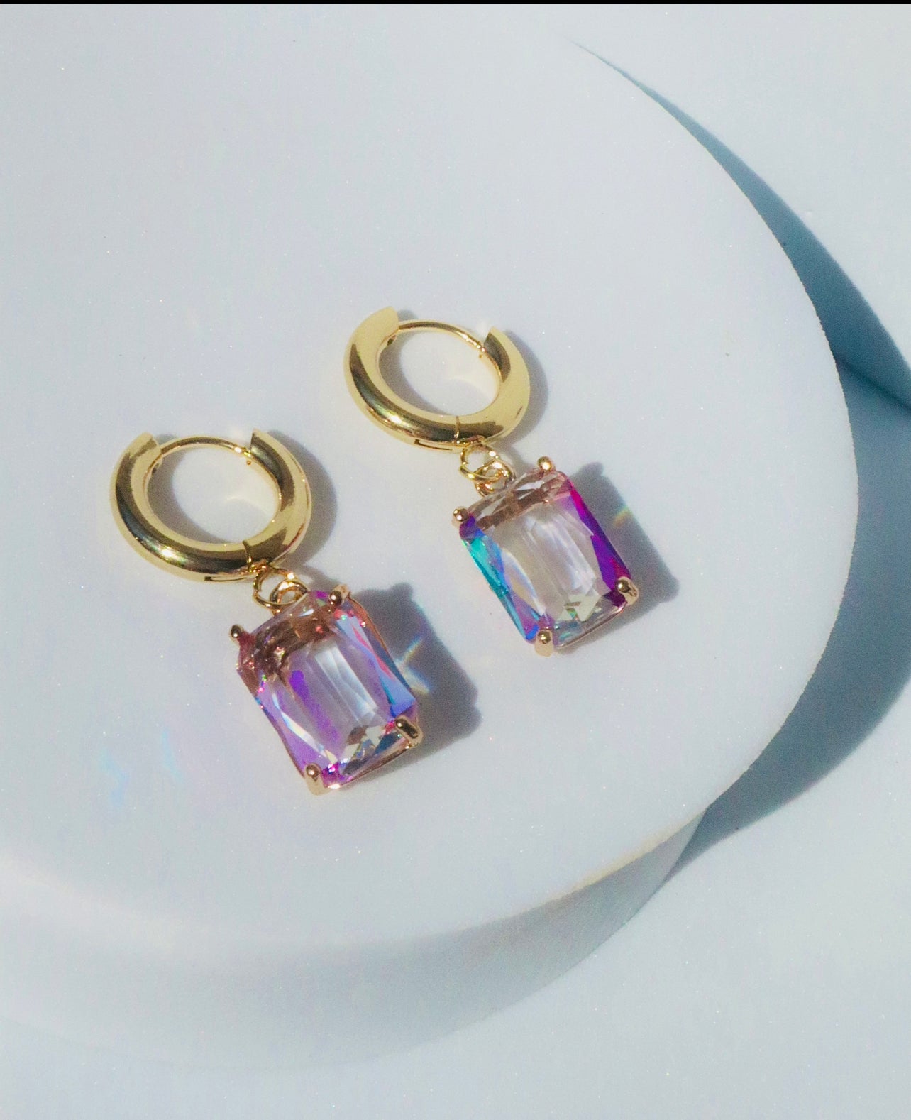 Fluorescent Purple Emerald Cut Gem Hoop Earrings