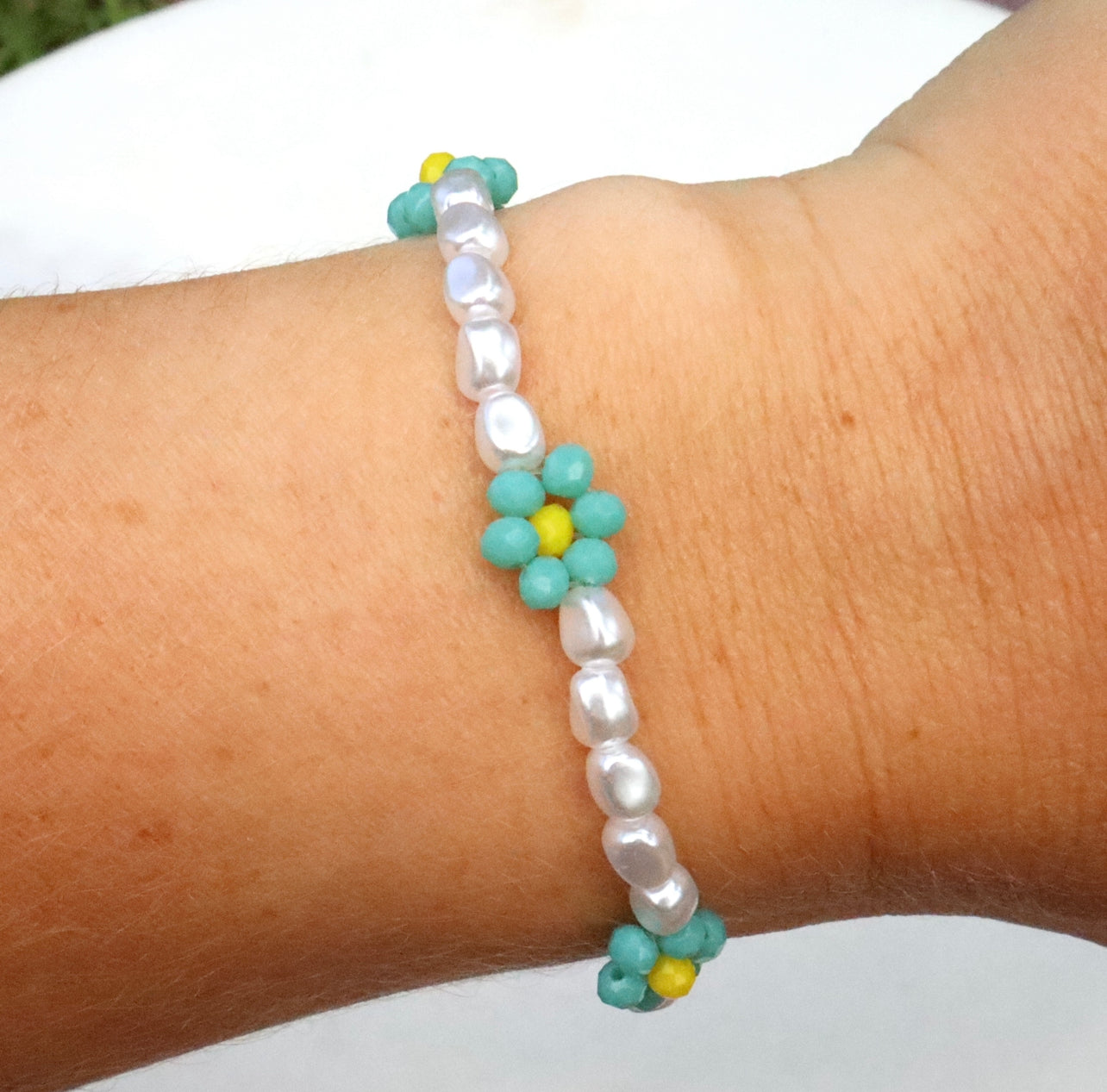Pearl & Turquoise Daisy Bracelet