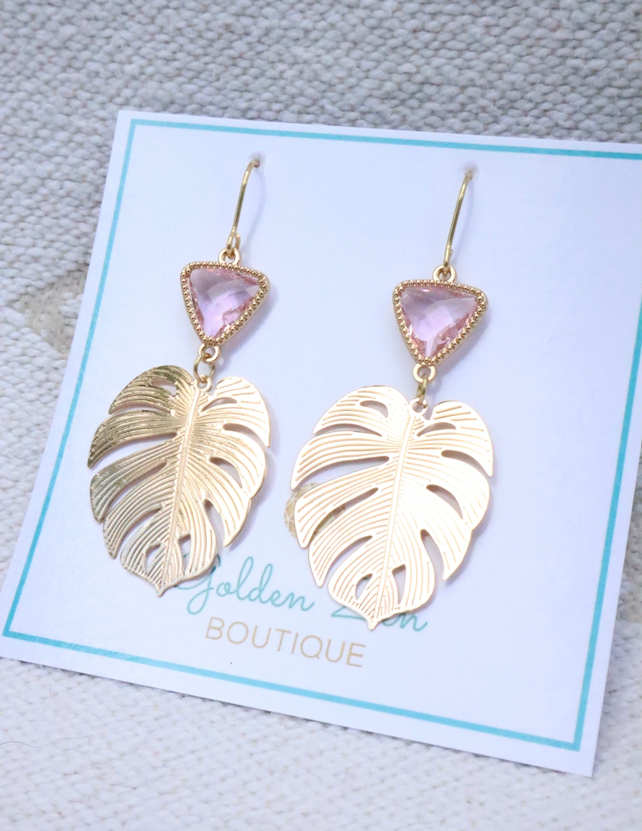 Gold & Pink Crystal Monstera Leaf Earrings