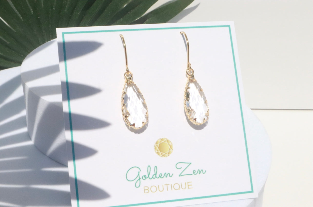 Gold & Faceted Diamond Crystal Tear Drop Earrings