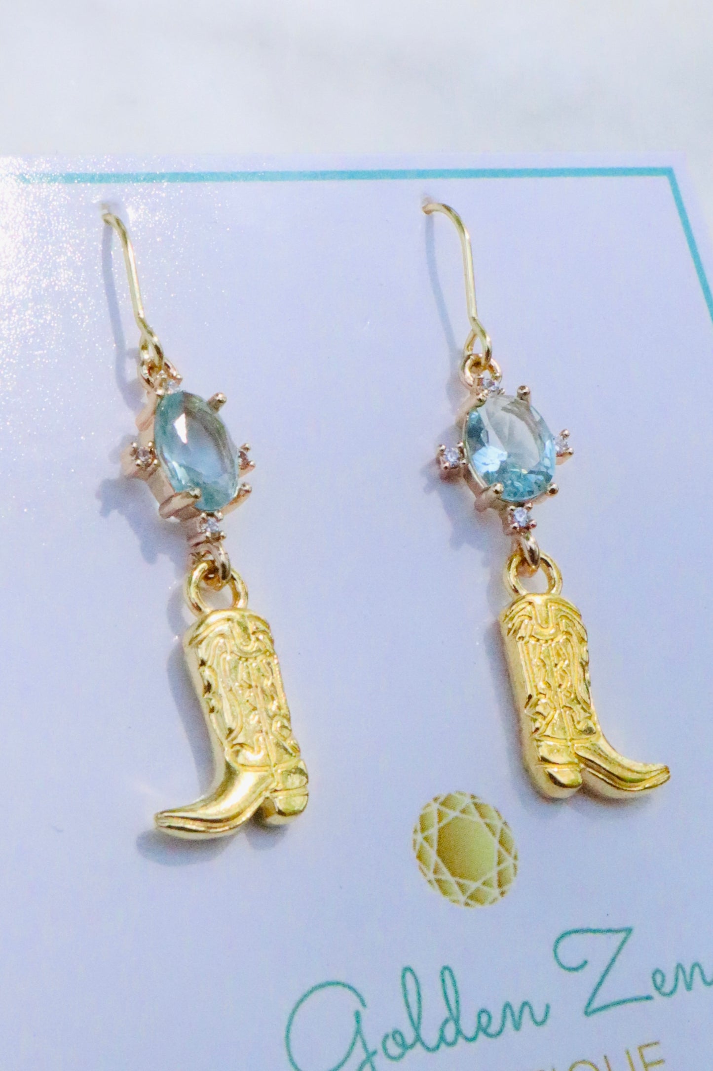 Caribbean Crystal & Gold Cowgirl Boot Earrings