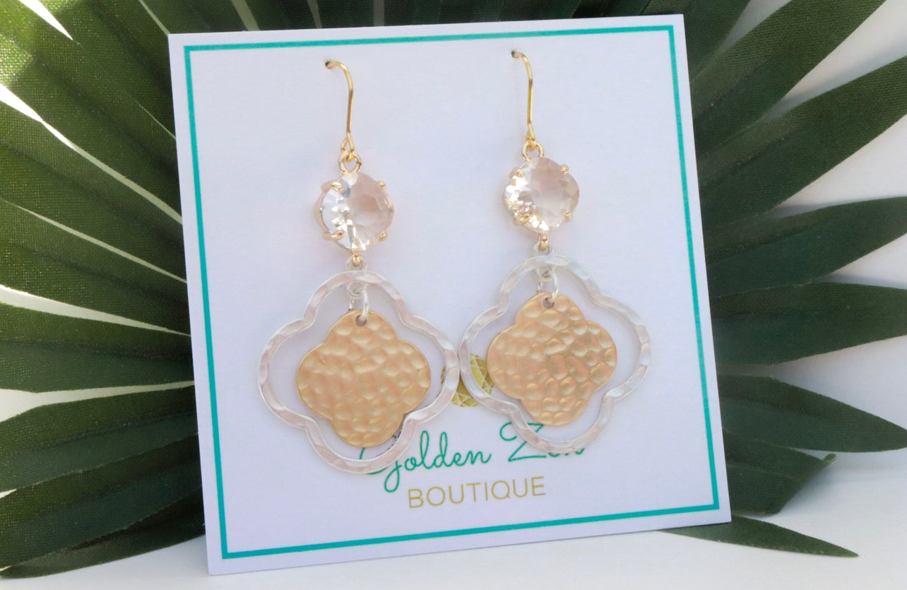 2 Tone Gold & Silver Diamond Hammered Dangle Earrings