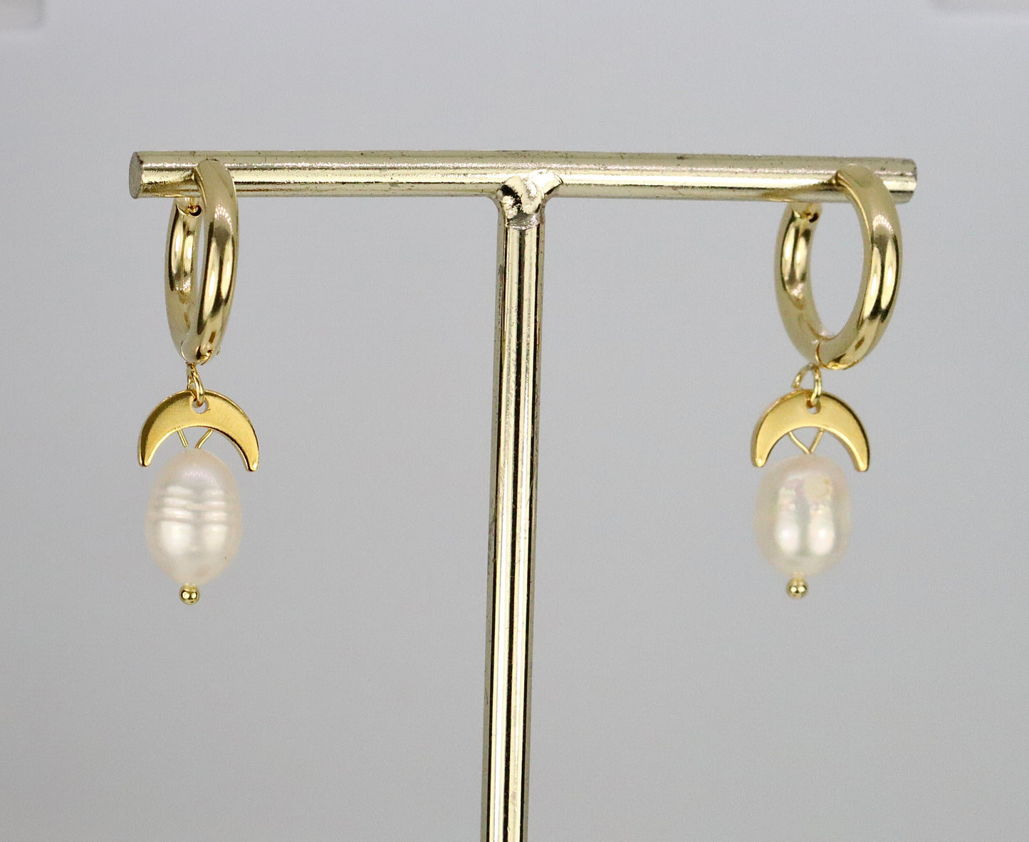 Fresh Water Pearl Crescent Moon Gold Hoop Earrings