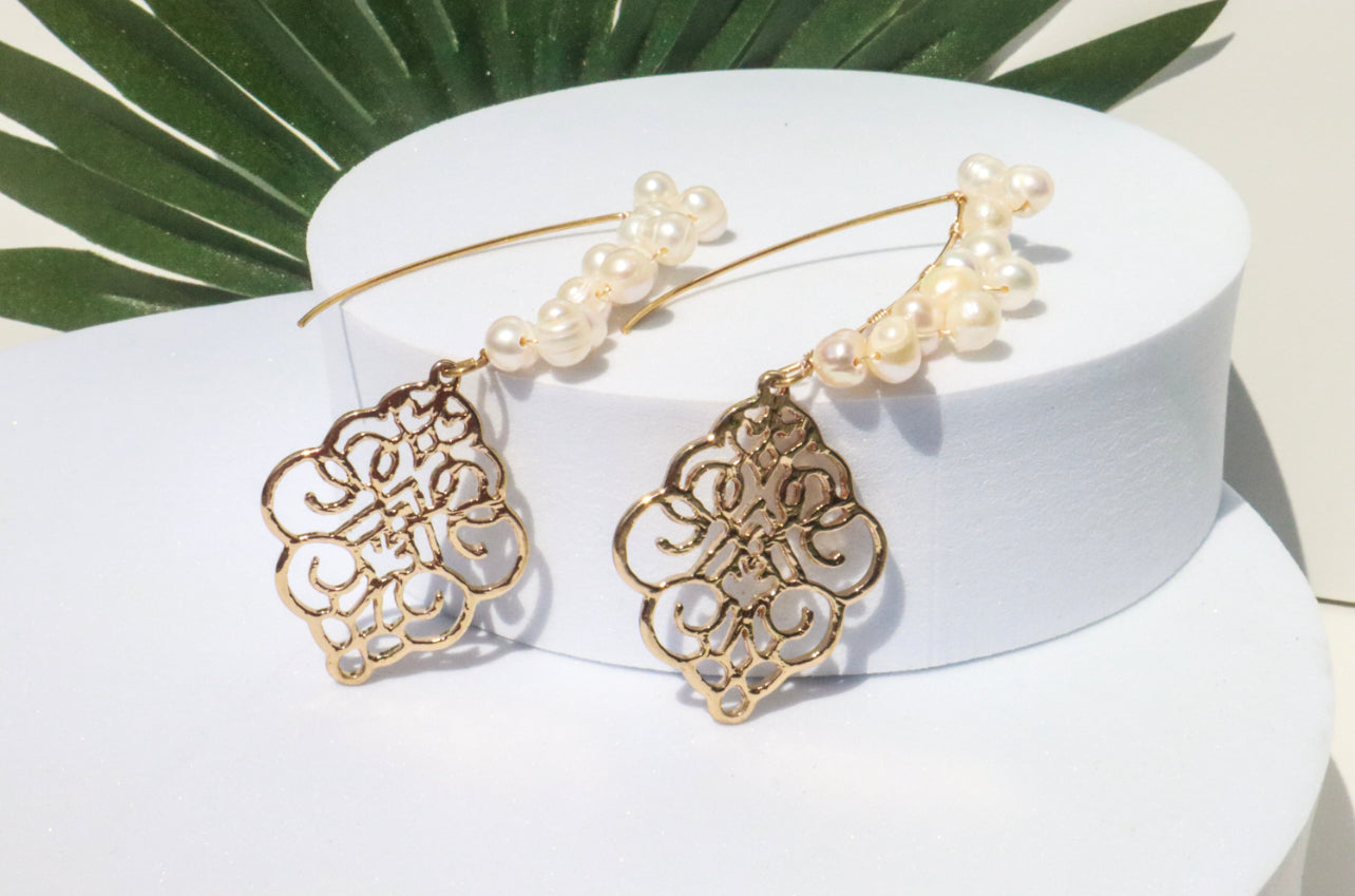 Fresh Water Pearl Wrapped Filigree Dangle Earrings