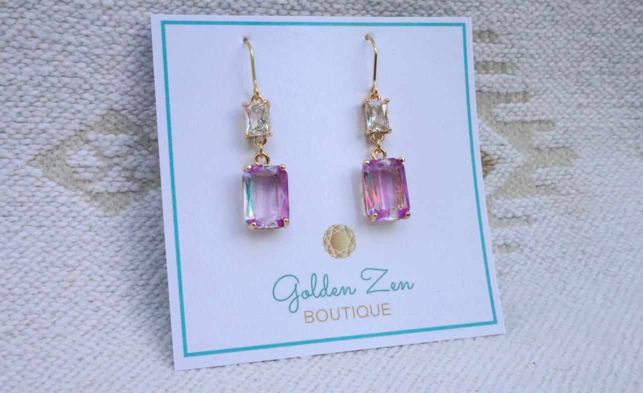 Fluorescent Pink Crystal Emerald Cut Gem Earrings