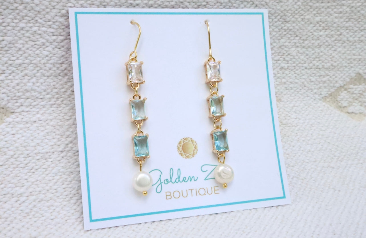 Aquamarine Crystal & Fresh Water Pearl Earrings.