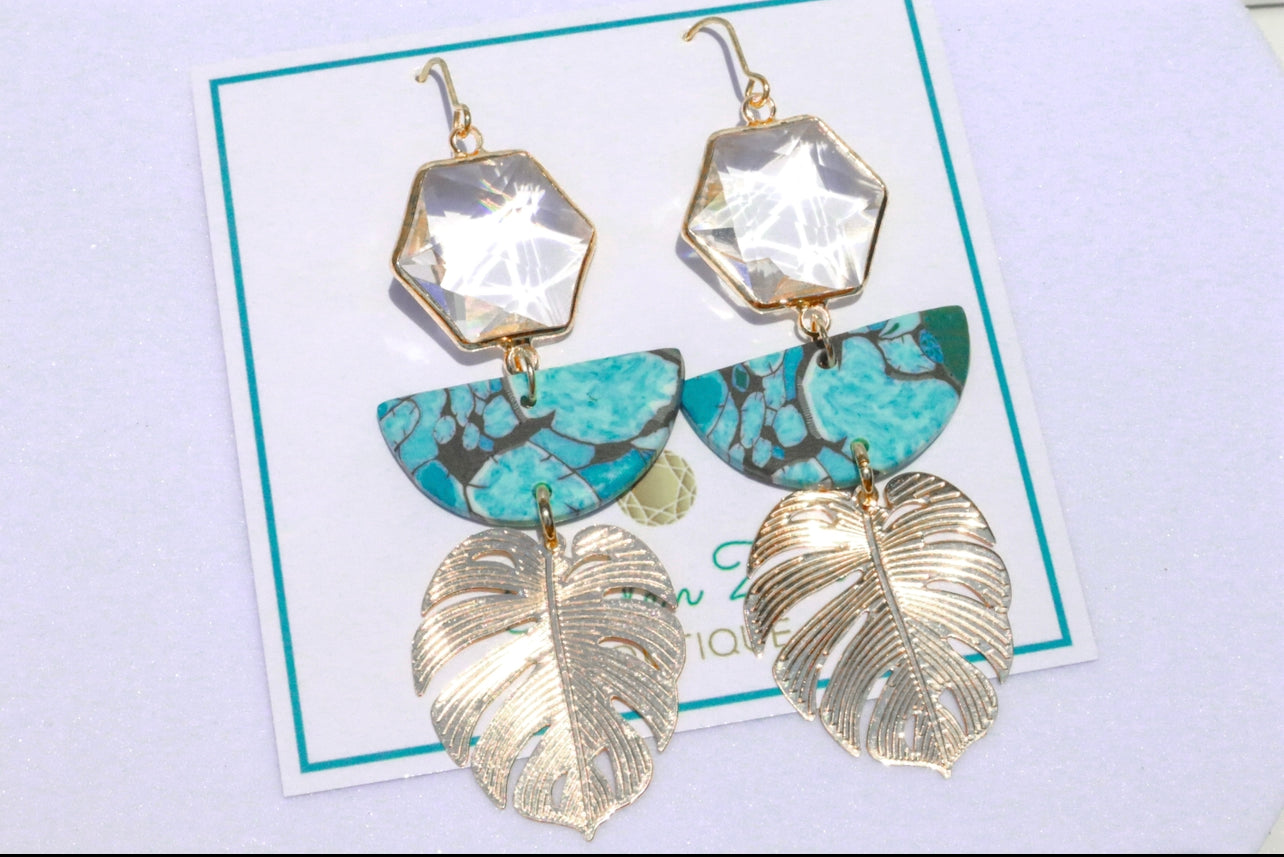 Tropical Turquoise Clay & Palm Leaf Statement Earrings