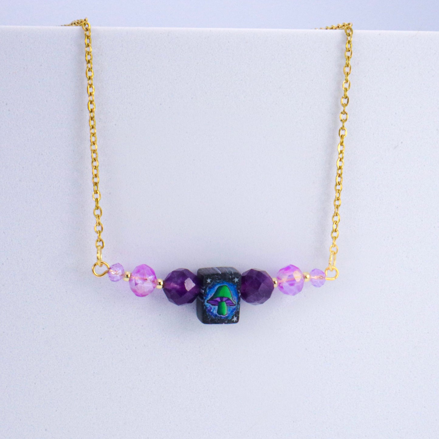 Genuine Amethyst & Vintage Mushroom Gold Necklace