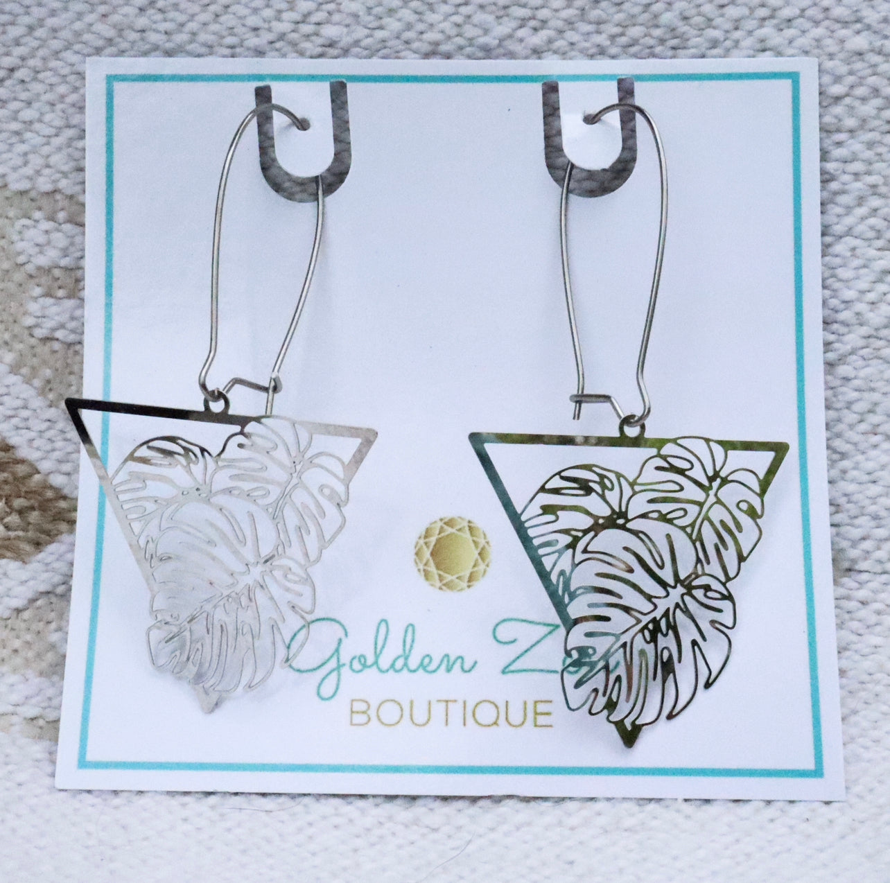 Silver Tropical Monstera Geometric Earrings