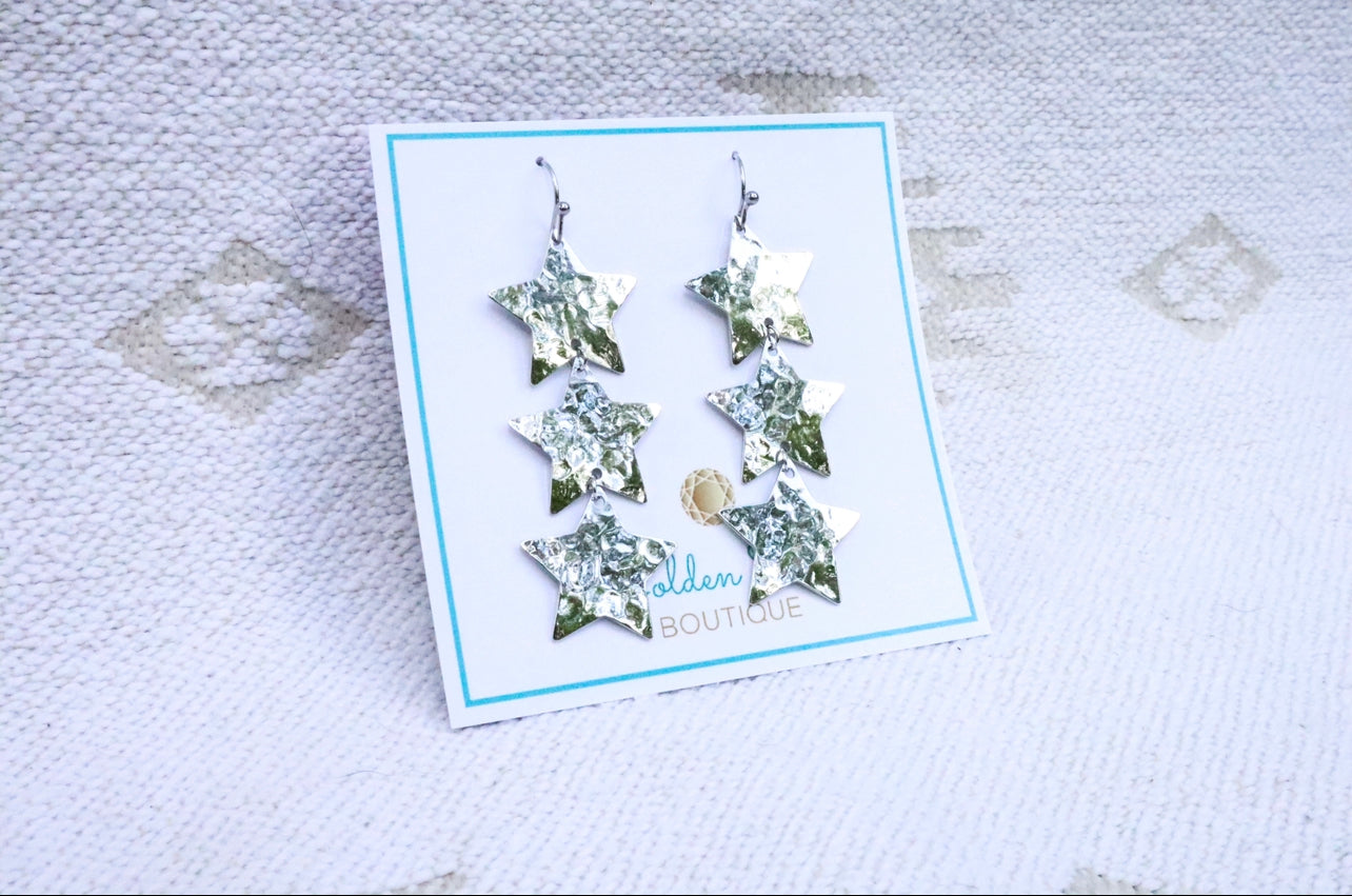Silver Hammered Star Dangle Earrings