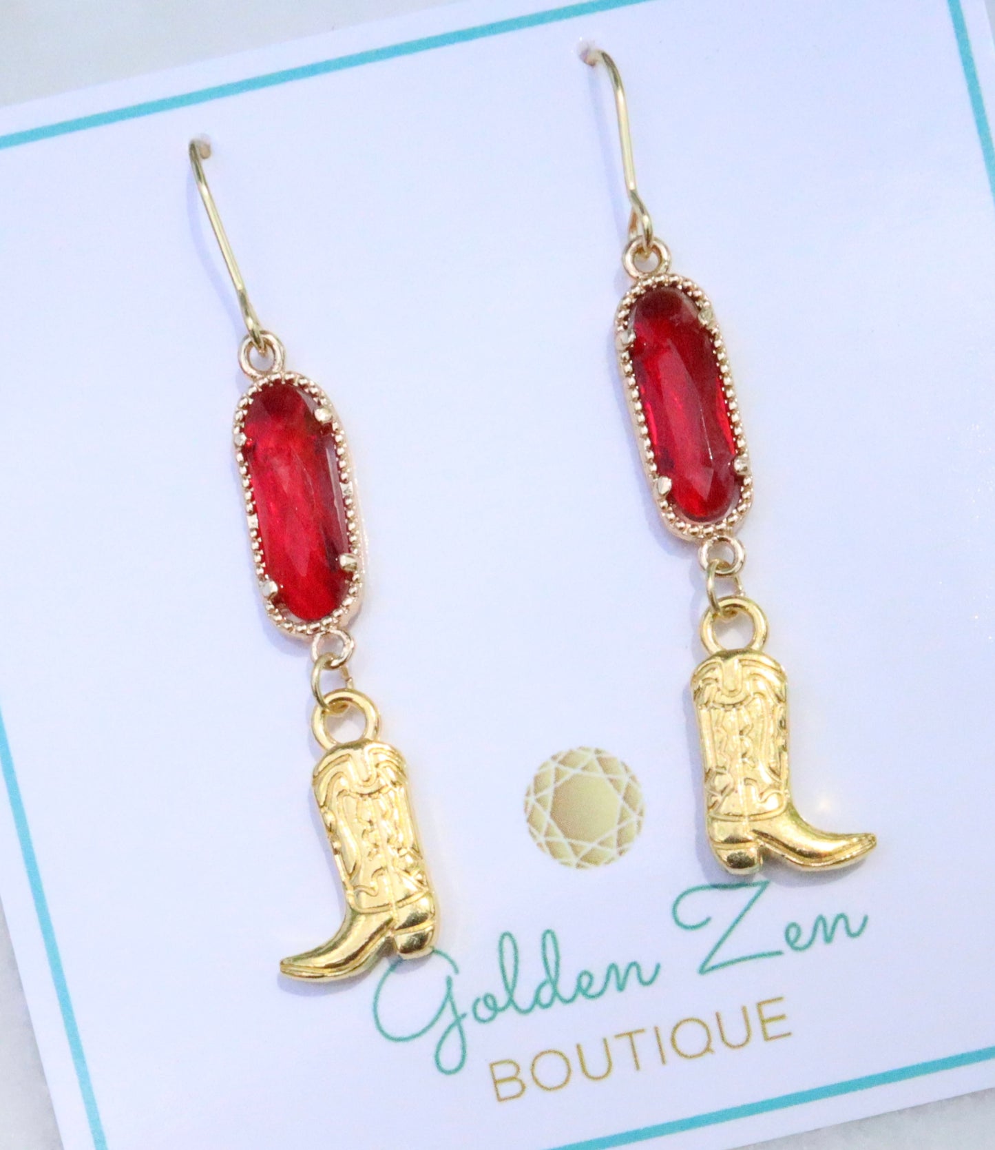 Ruby Red & Gold Cowgirl Boot Earrings