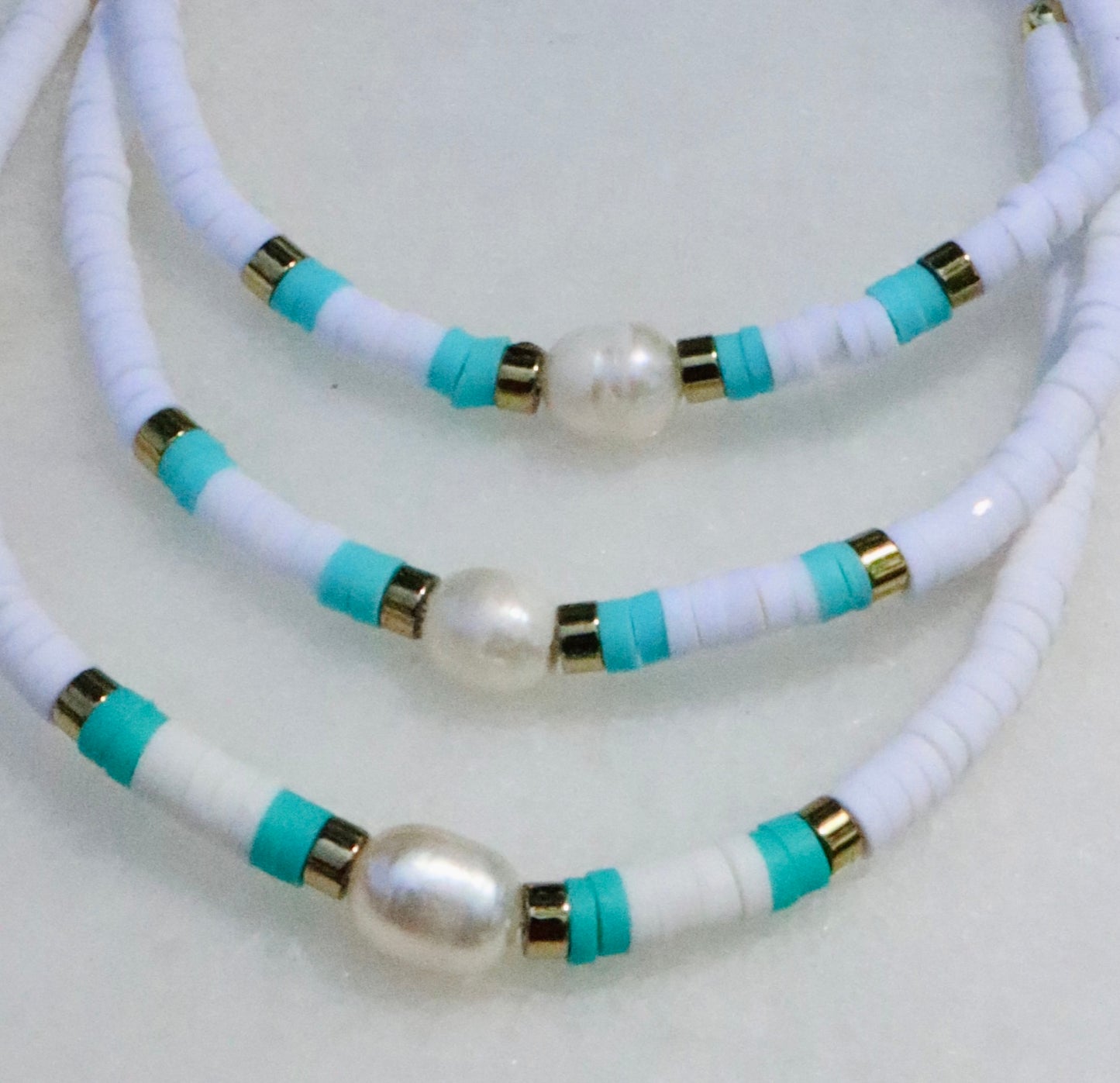Adjustable White, Teal & Gold Clay Bracelet
