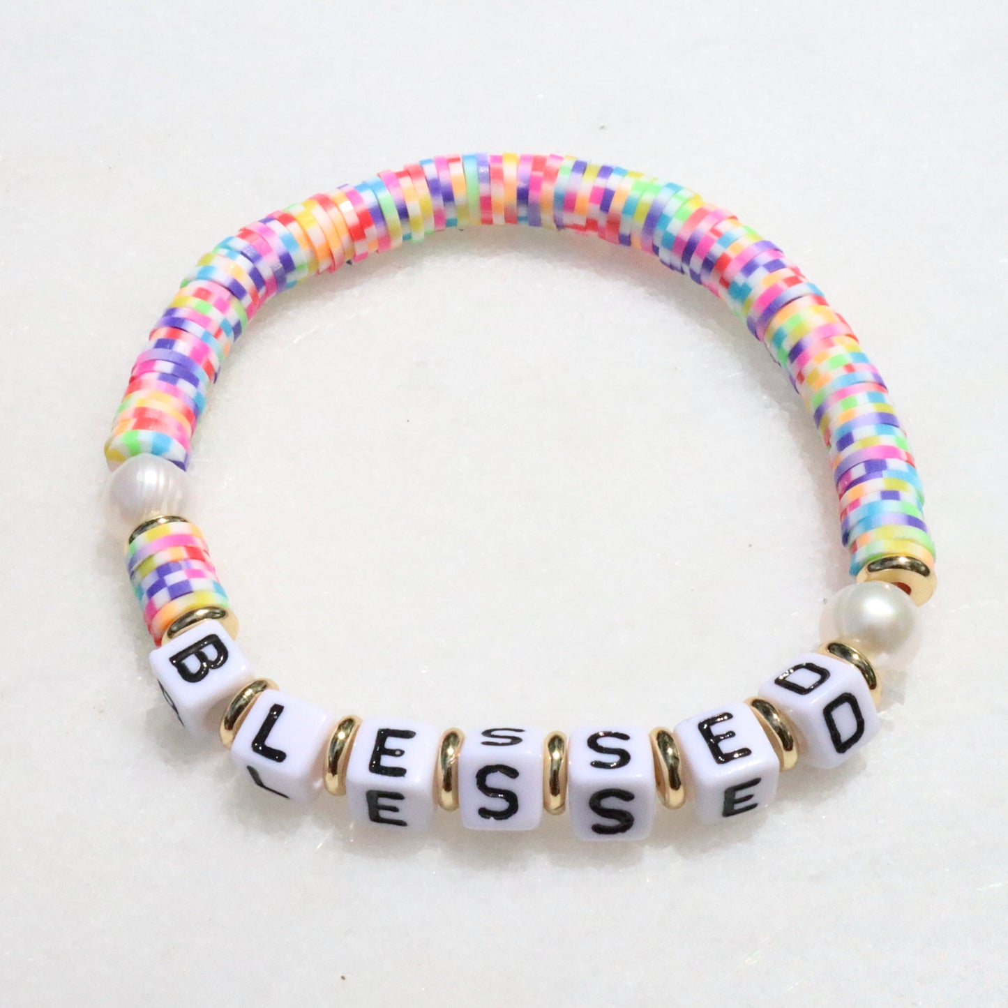Multicolor Clay Blessed Word Bracelet