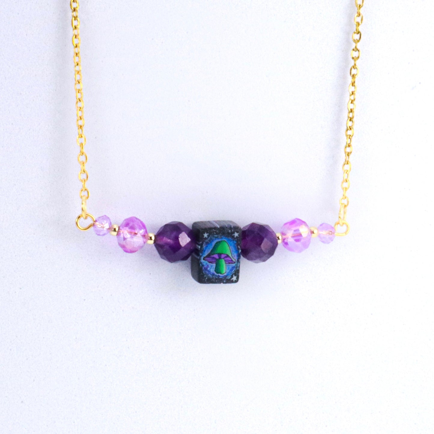 Genuine Amethyst & Vintage Mushroom Gold Necklace