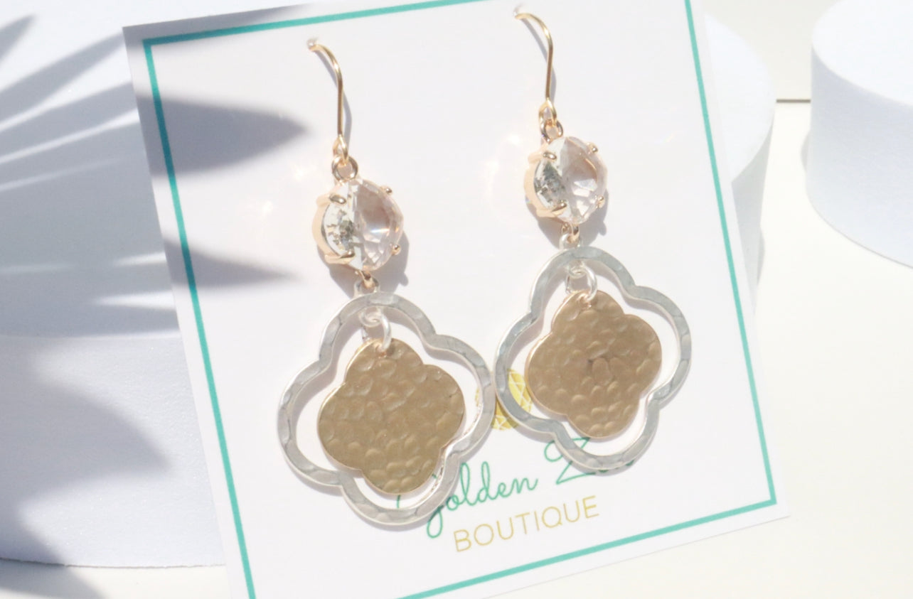 2 Tone Gold & Silver Diamond Hammered Dangle Earrings