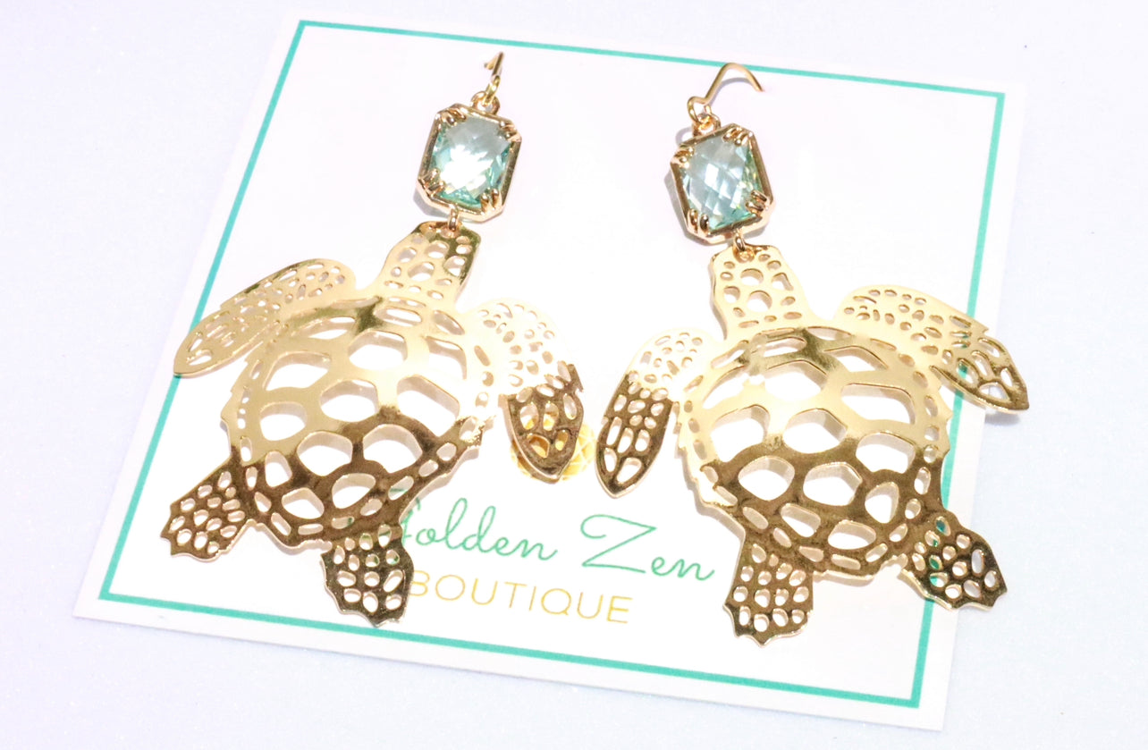 Caribbean Blue & Gold Sea Turtle Earrings