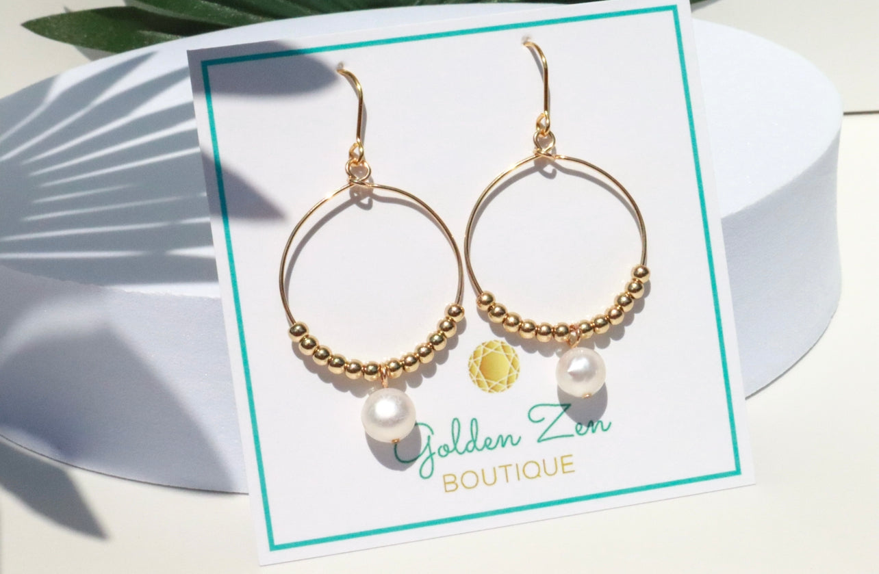Fresh Water Pearl Gold Beaded Hoop Dangle Earrings