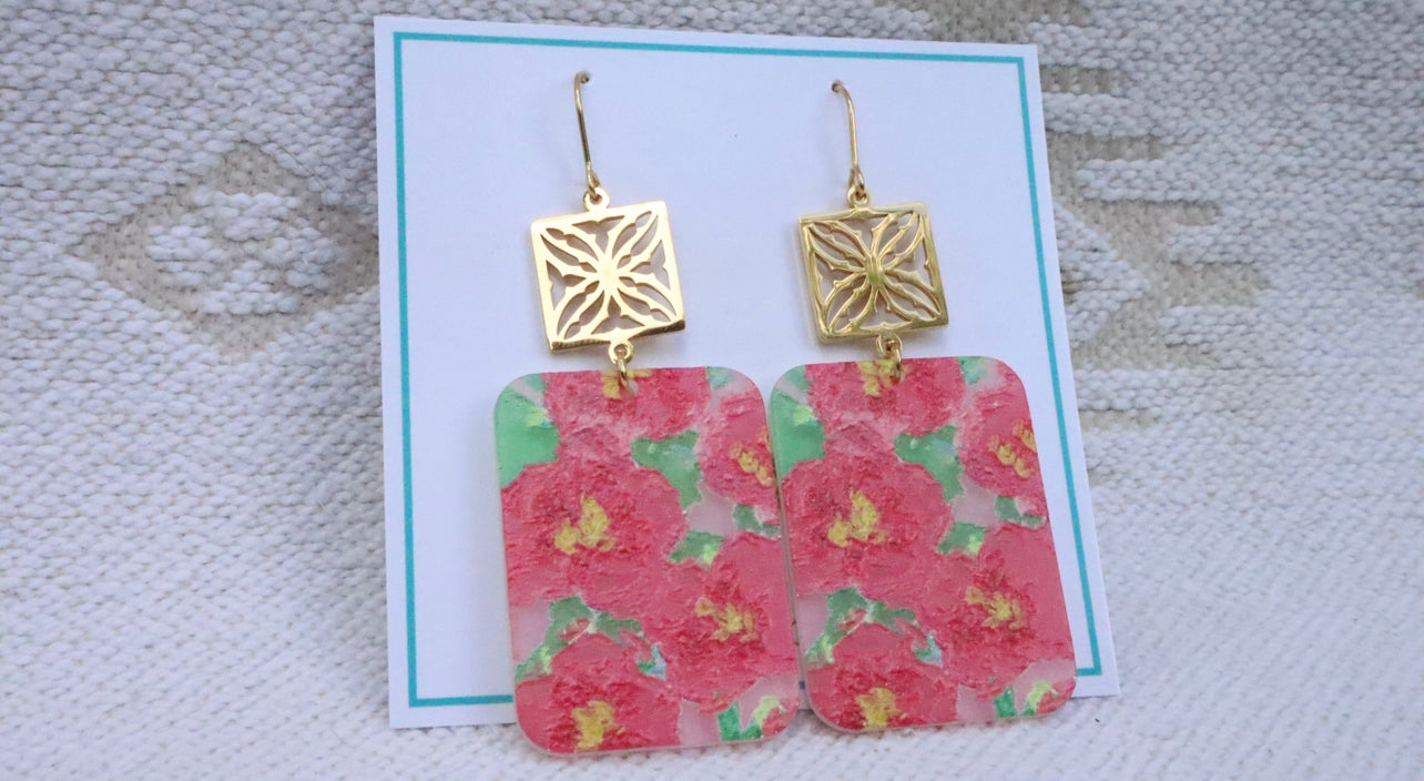 Pink & Gold Painted Flower Statement Earrinhs